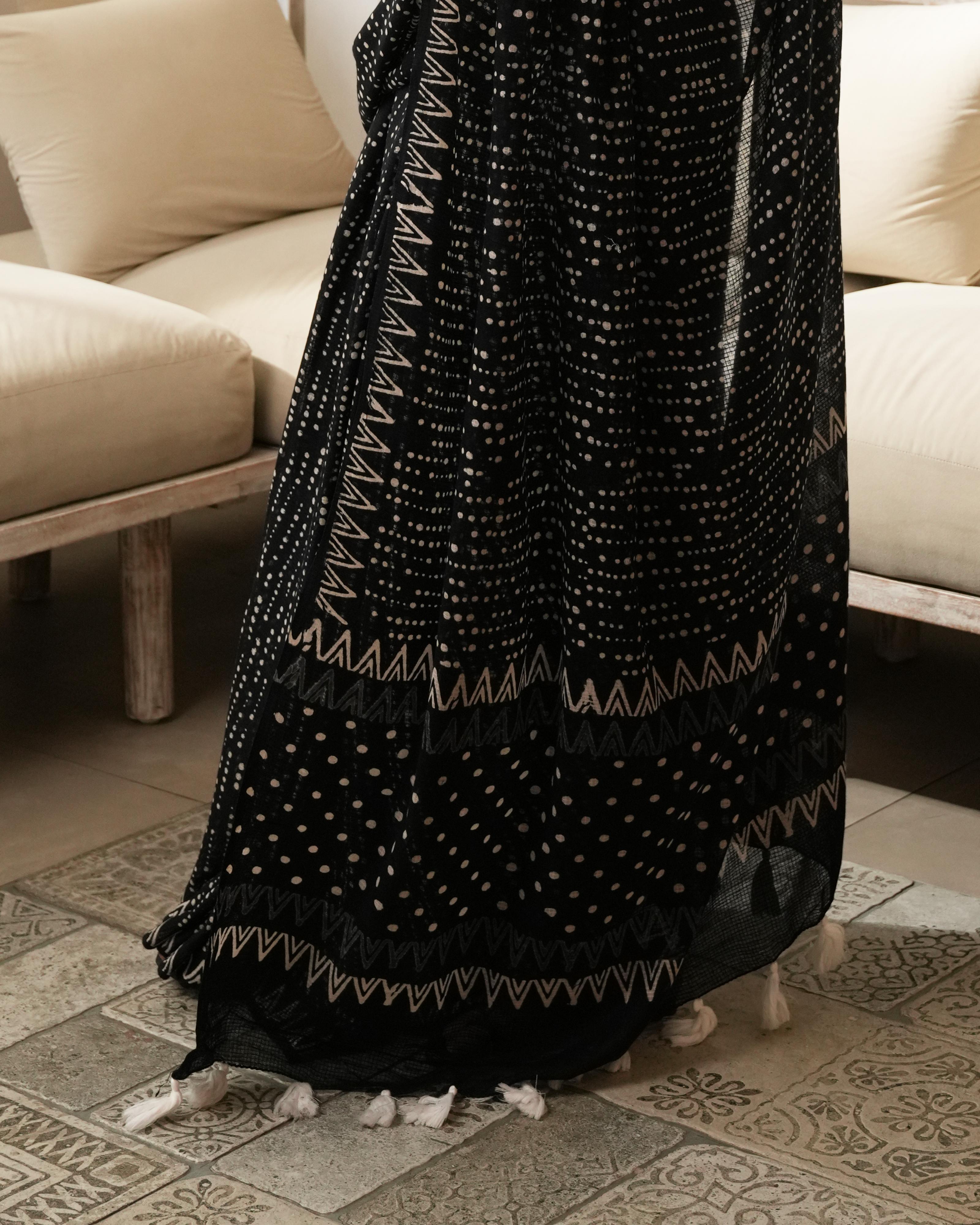 Dot Handblock Print Moonga Cotton Saree with Tassels