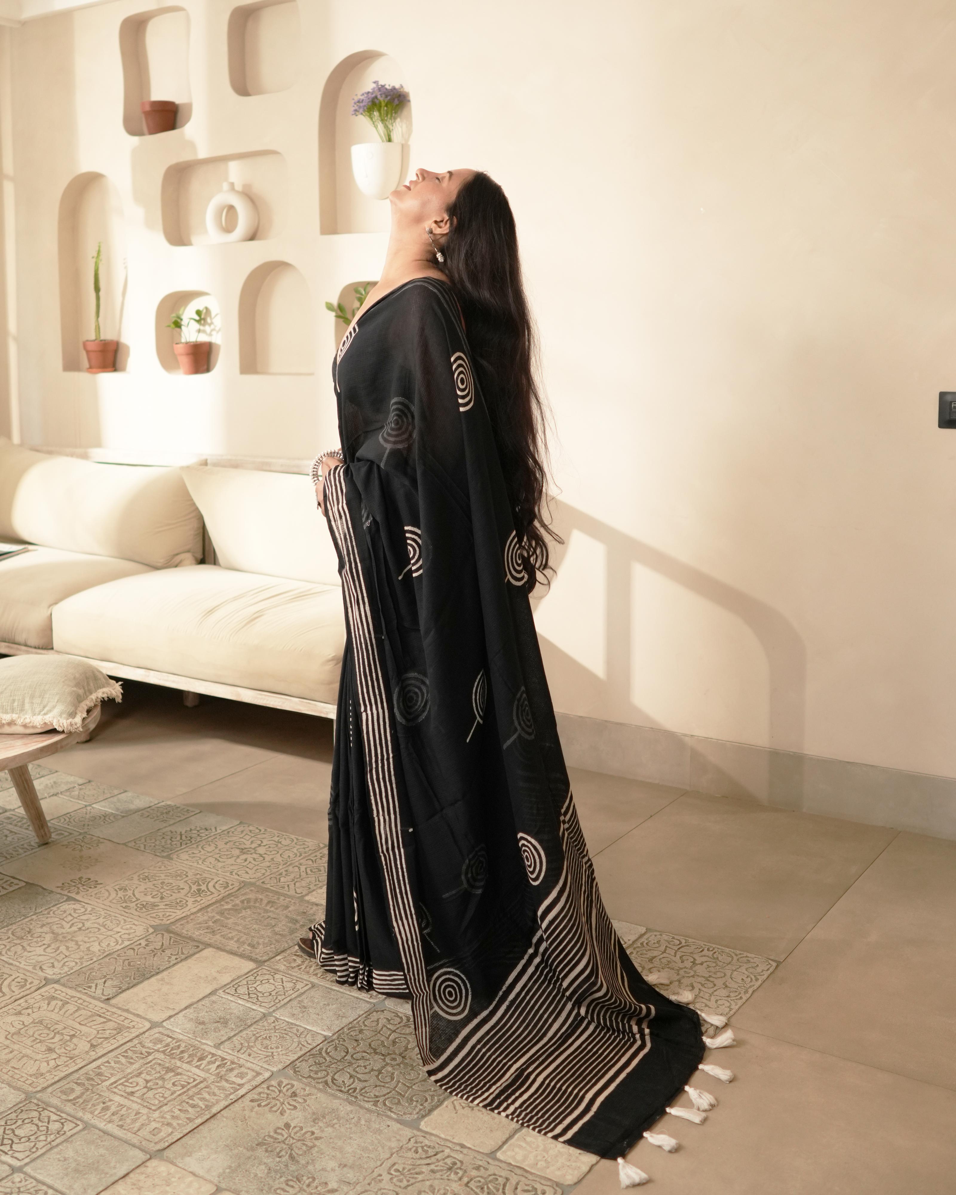 Eyecandy Handblock Print Moonga Cotton Saree with Tassels
