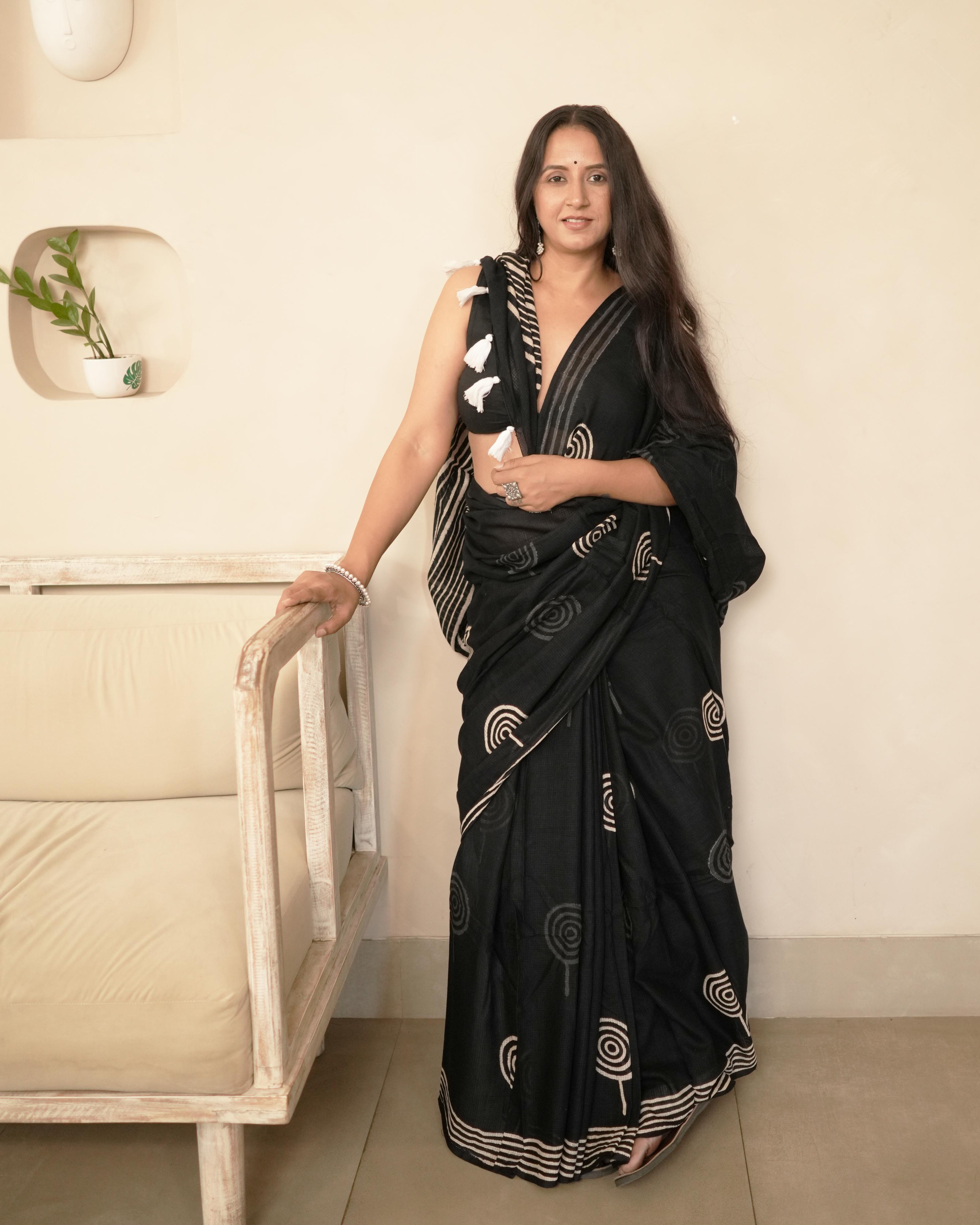 Eyecandy Handblock Print Moonga Cotton Saree with Tassels