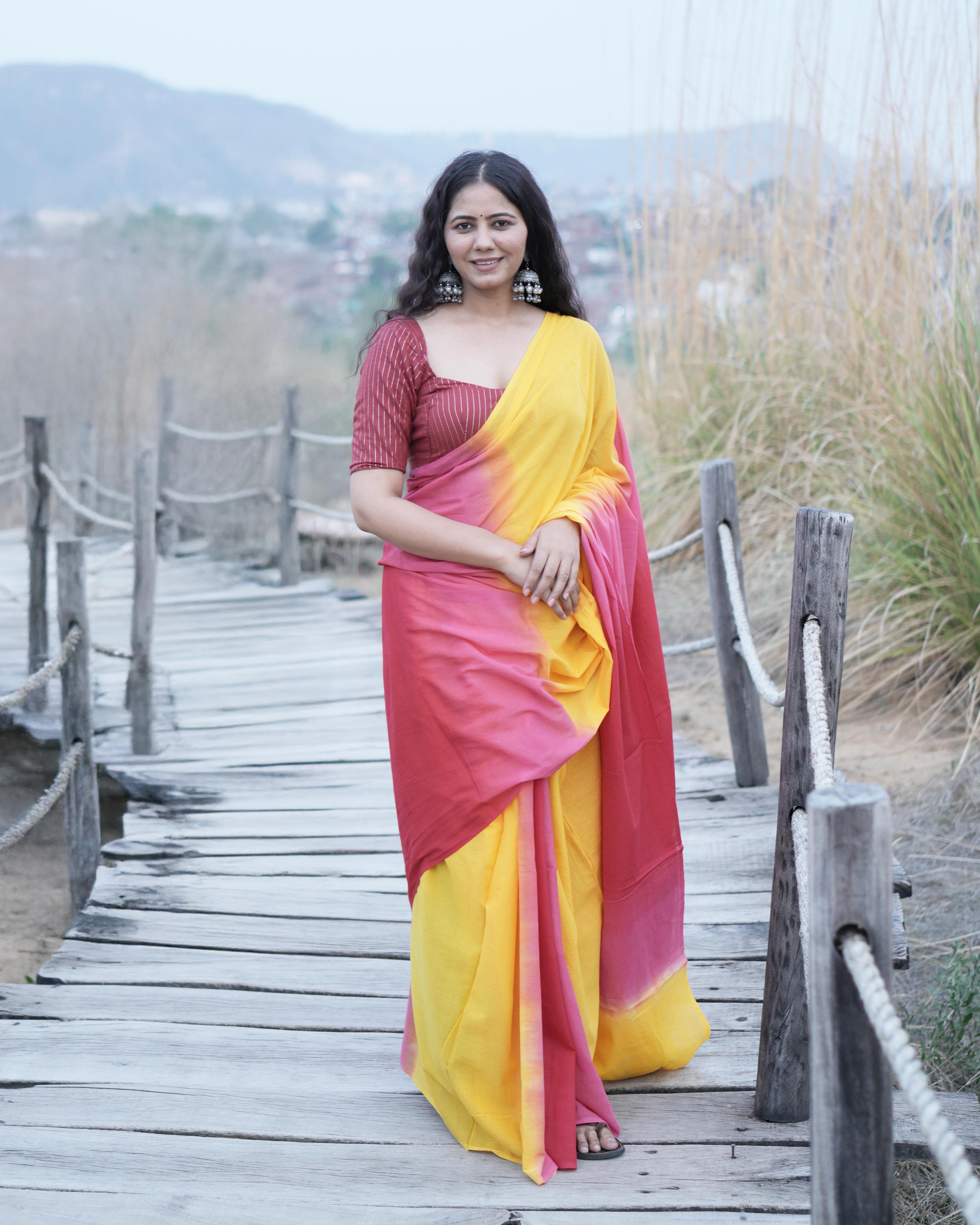 Yellow & Red Shaded Mul Saree with Tassels