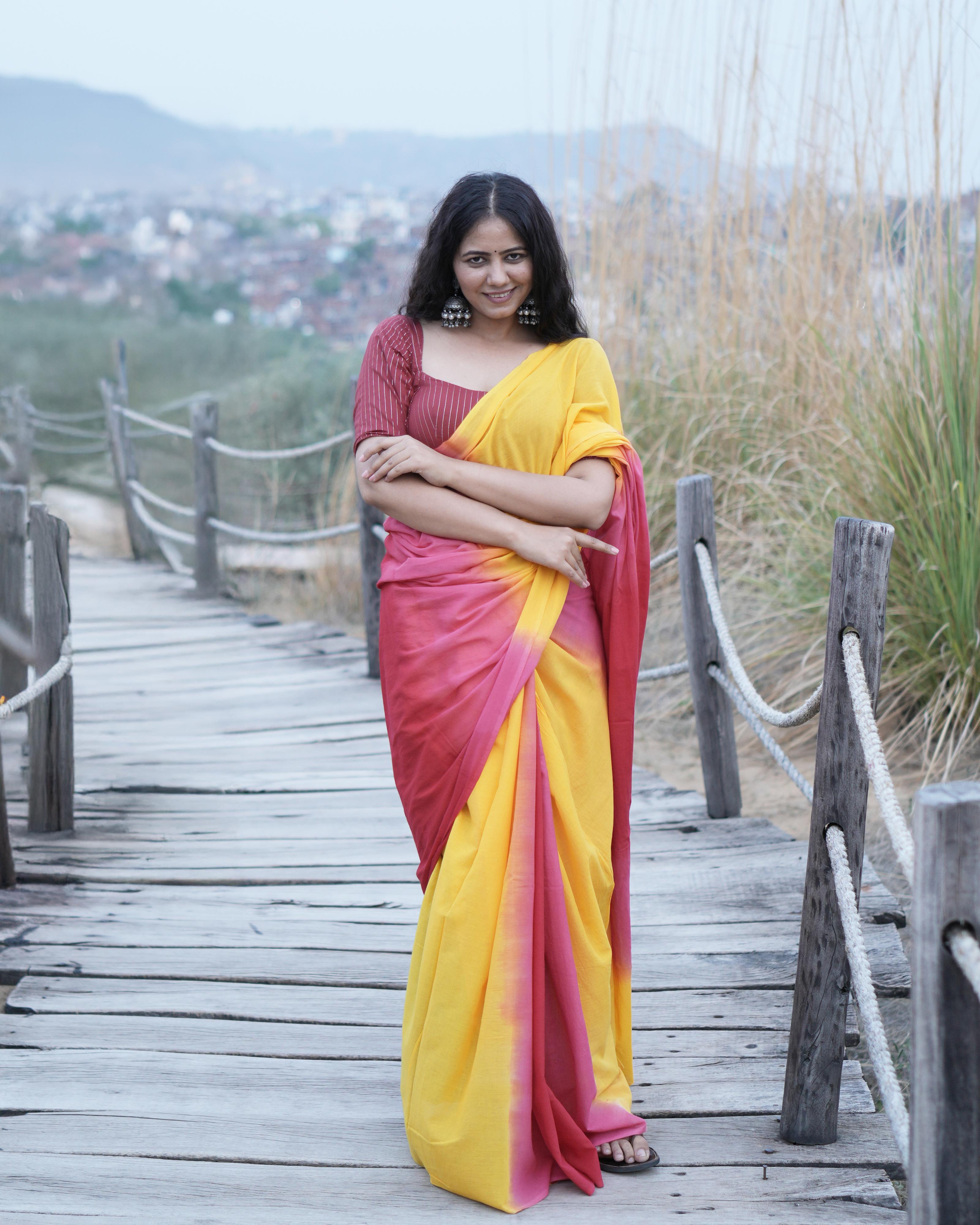 Yellow & Red Shaded Mul Saree with Tassels