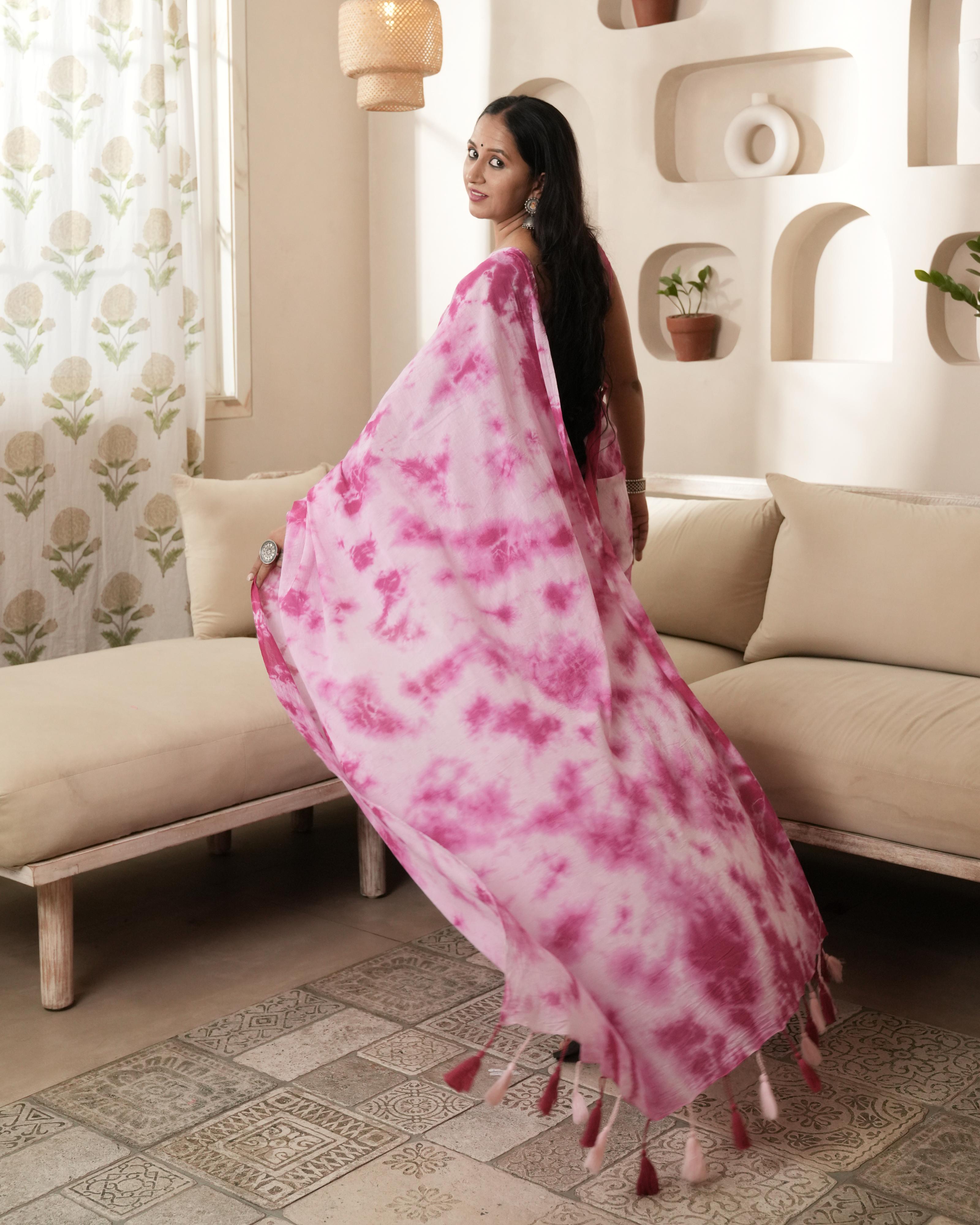 Pink Shibori Mul Saree with Tassels