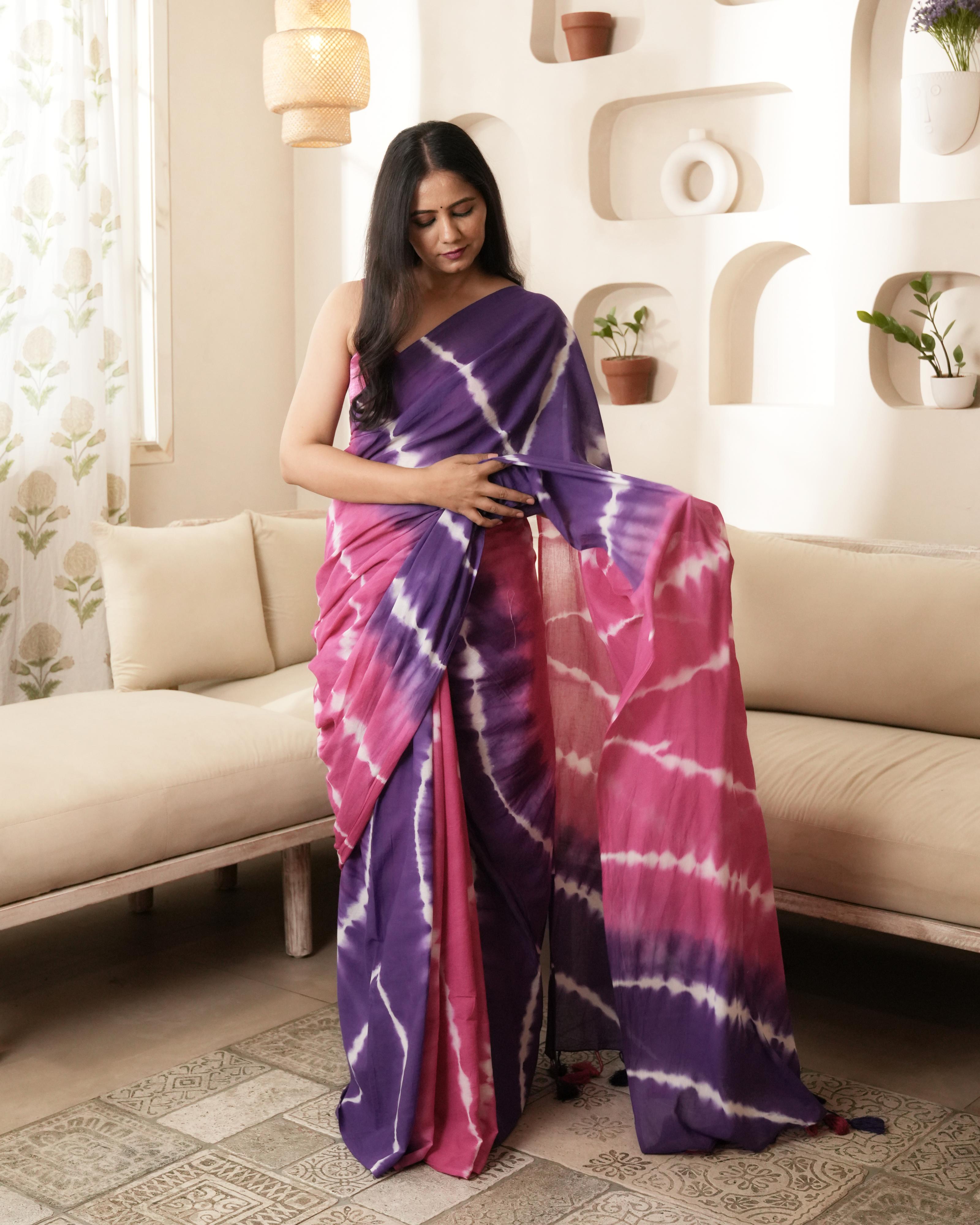 Magenta & Violet Tie-Dye Mul Saree with Tassels