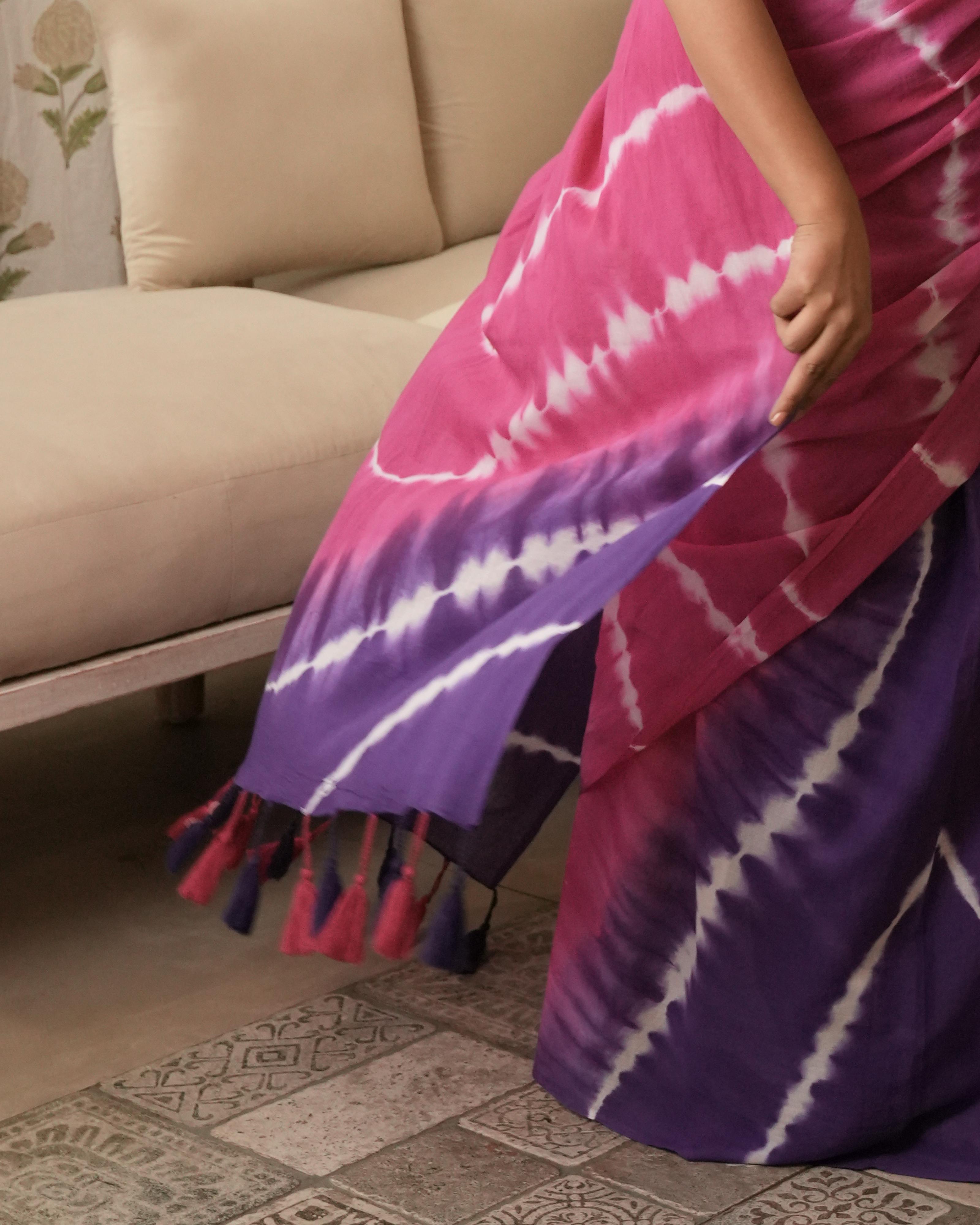 Magenta & Violet Tie-Dye Mul Saree with Tassels