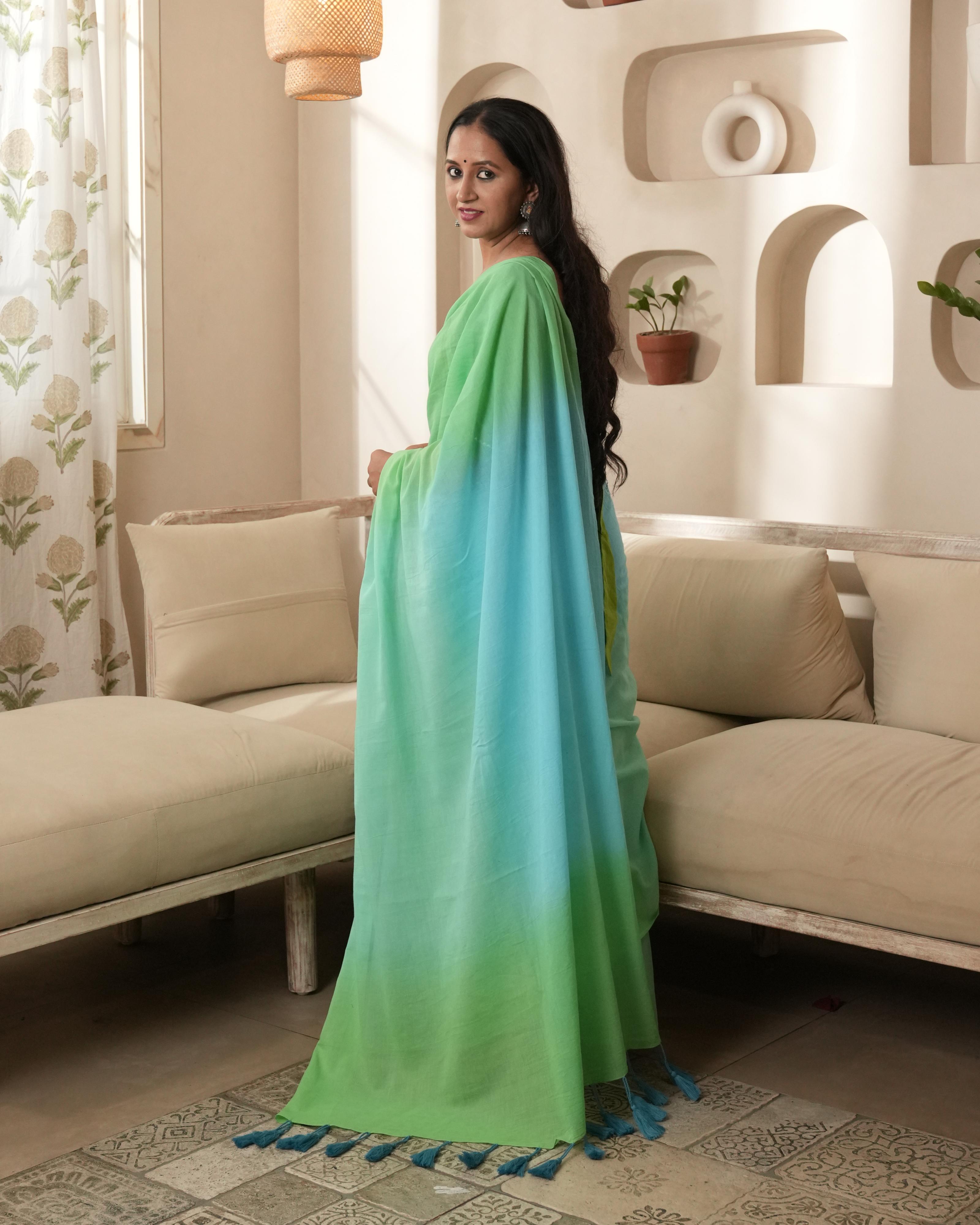 Green Shaded Shibori Mul Saree with Tassels