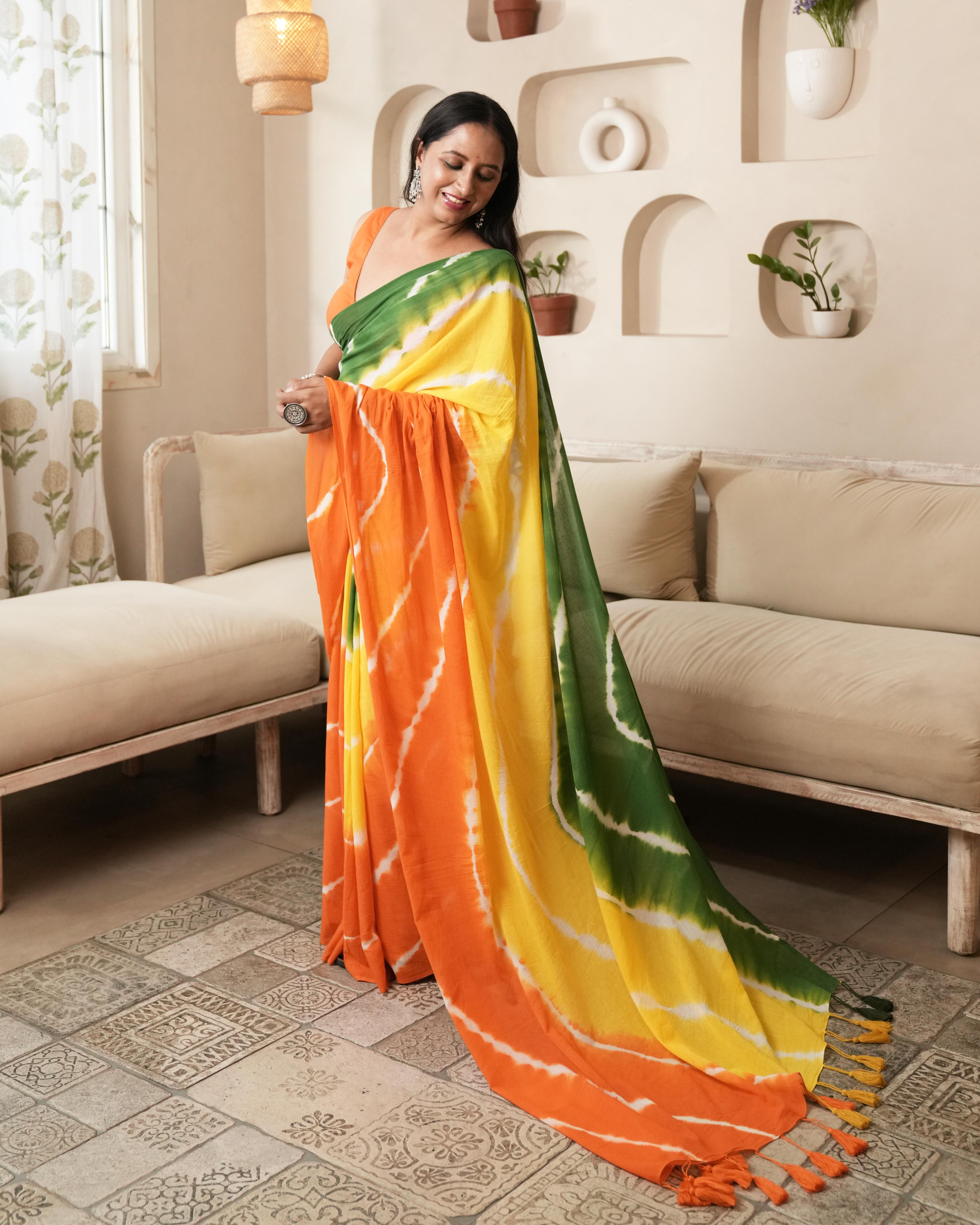 Multi-Shade Shibori Mul Saree with Tassels
