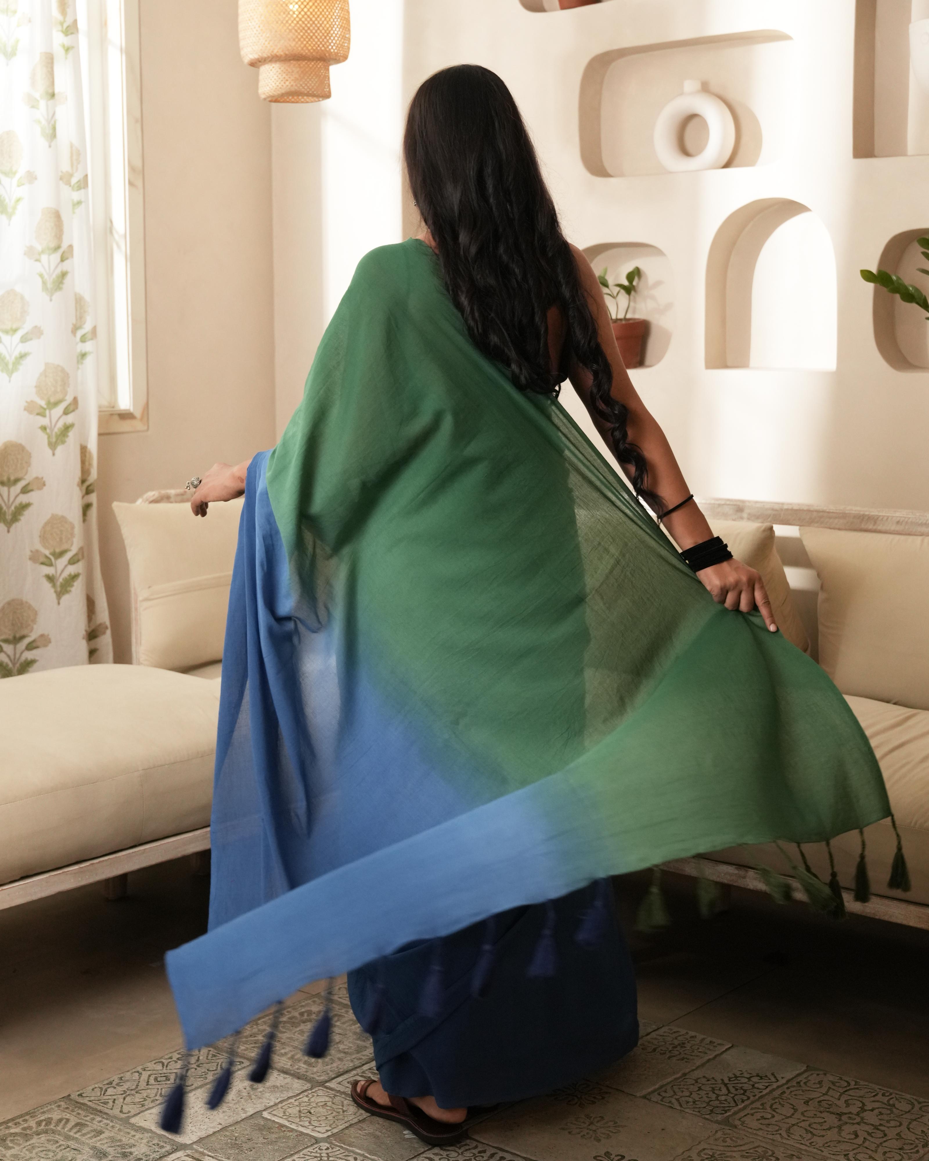 Blue-Green Half & Half Dyed Mul Saree with Tassels