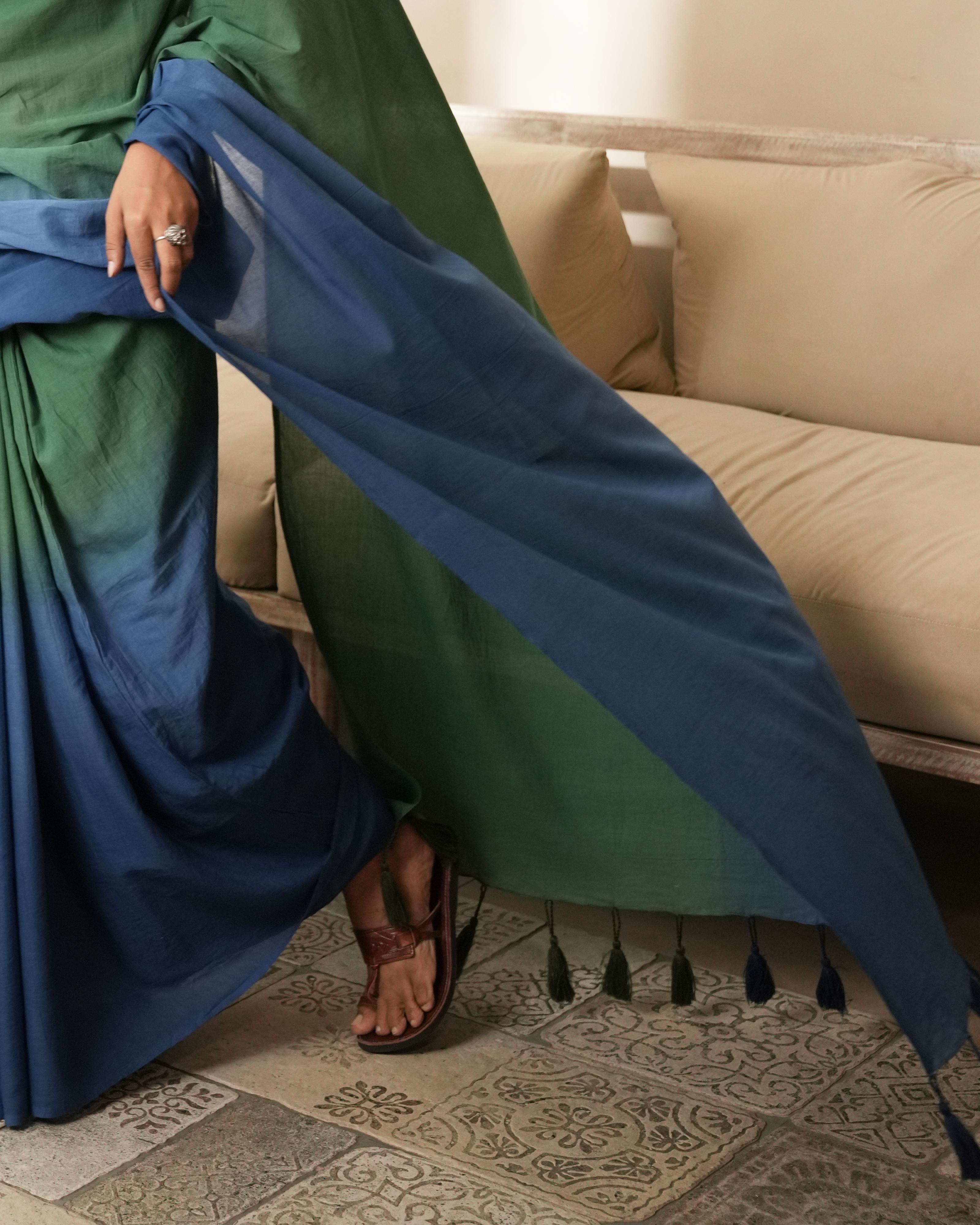 Blue-Green Half & Half Dyed Mul Saree with Tassels