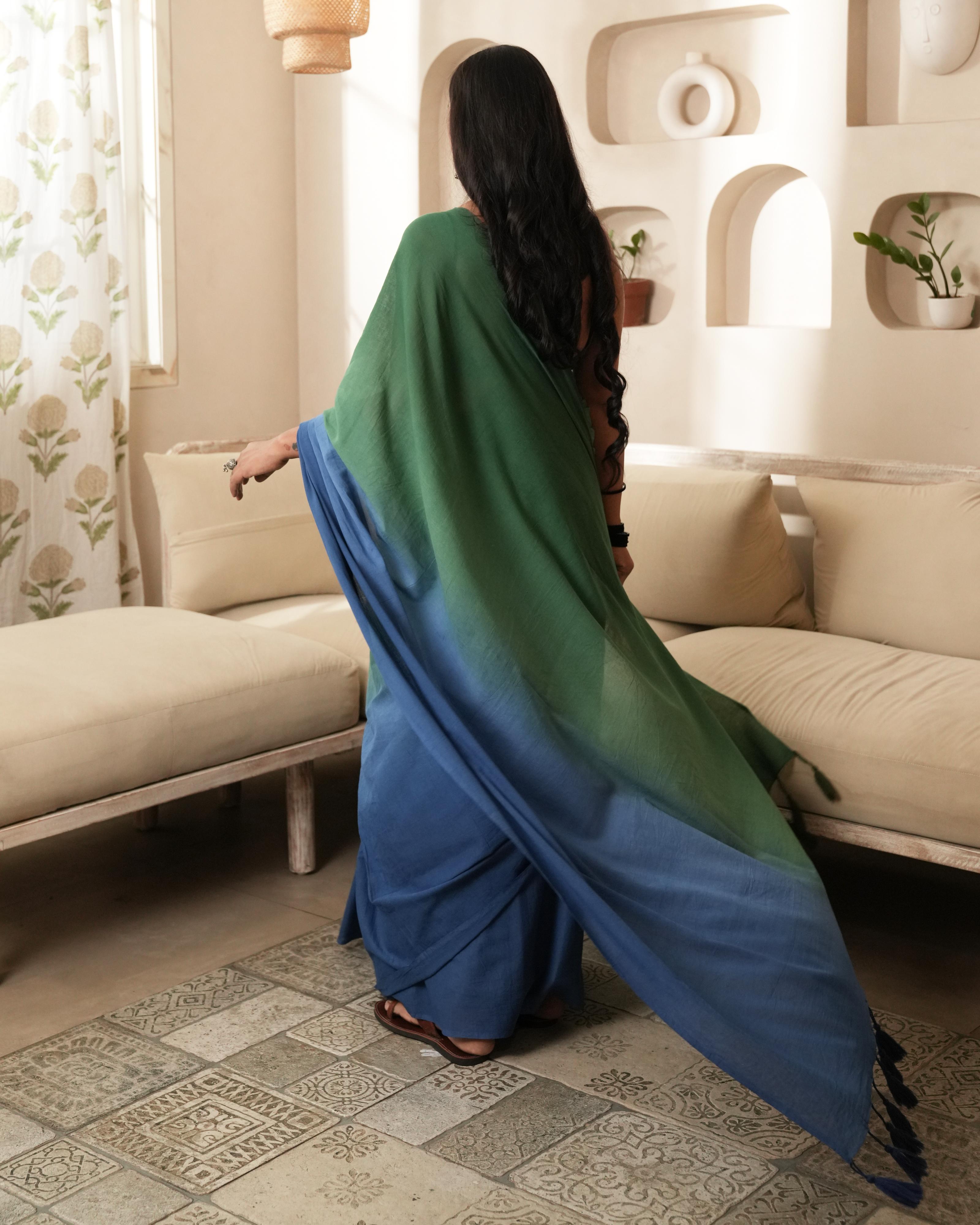 Blue-Green Half & Half Dyed Mul Saree with Tassels