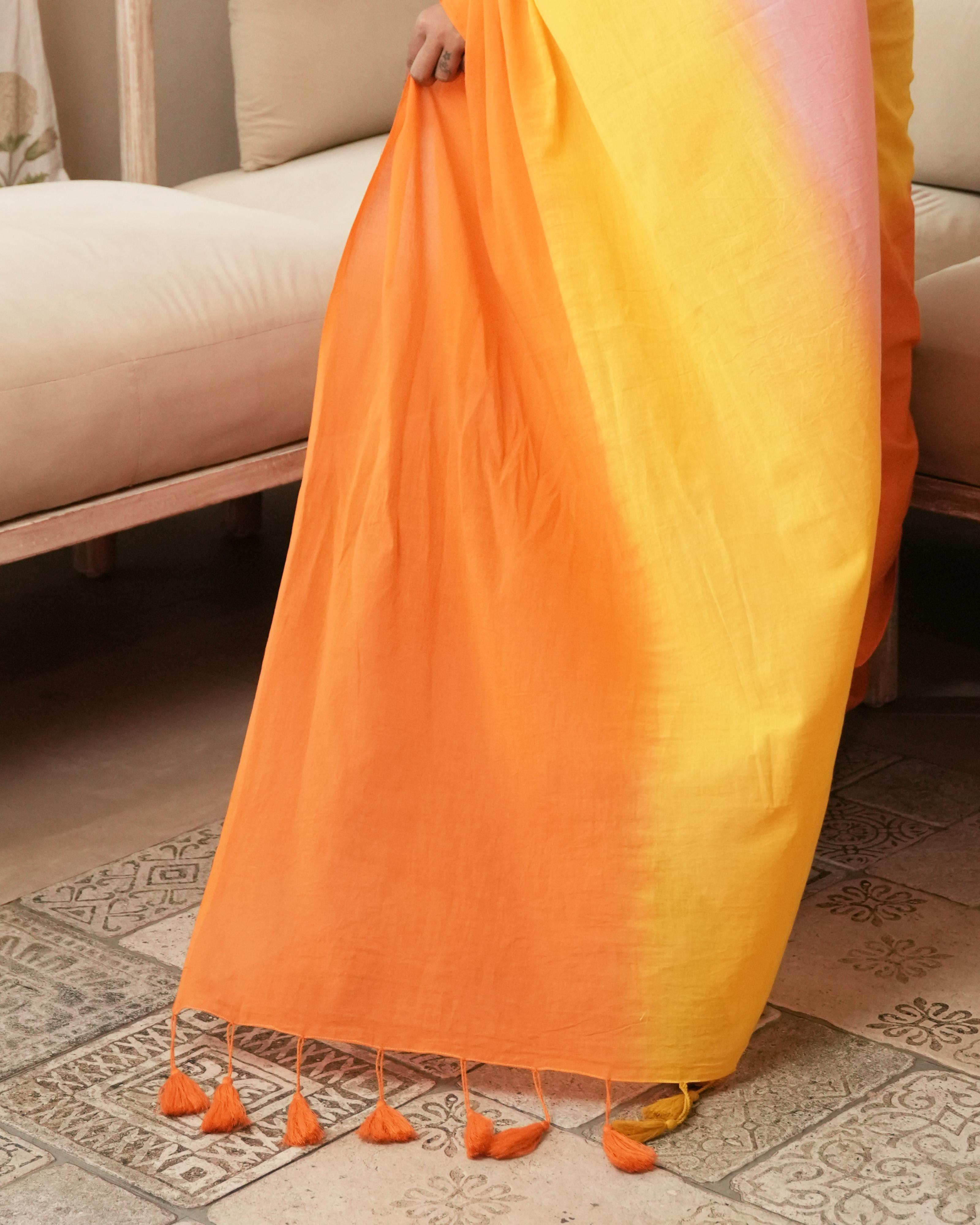 Pink-Orange Shaded Tie-Dye Mul Saree with Tassels