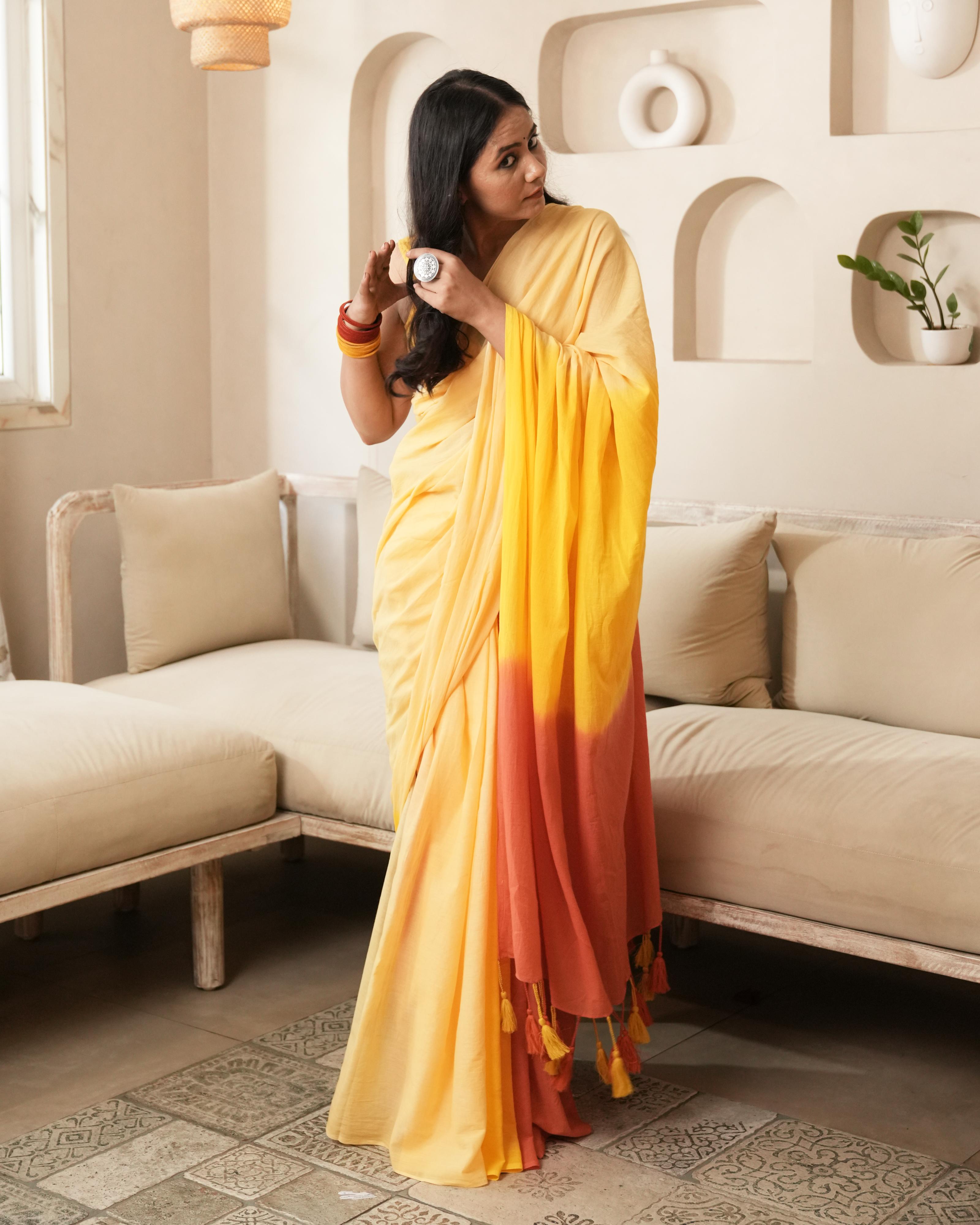 Yellow-Orange Shaded Tie-Dye Mul Saree with Tassels