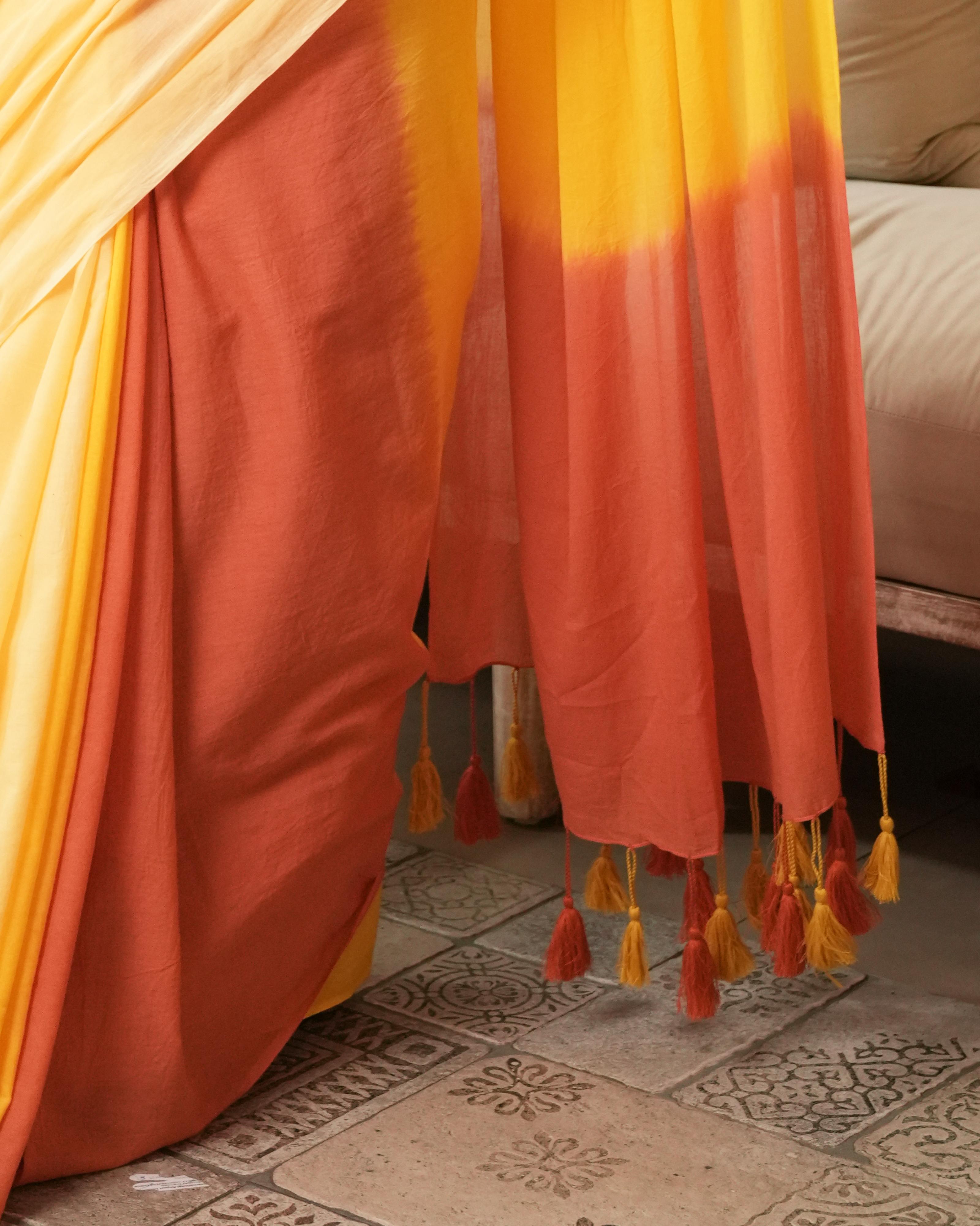 Yellow-Orange Shaded Tie-Dye Mul Saree with Tassels