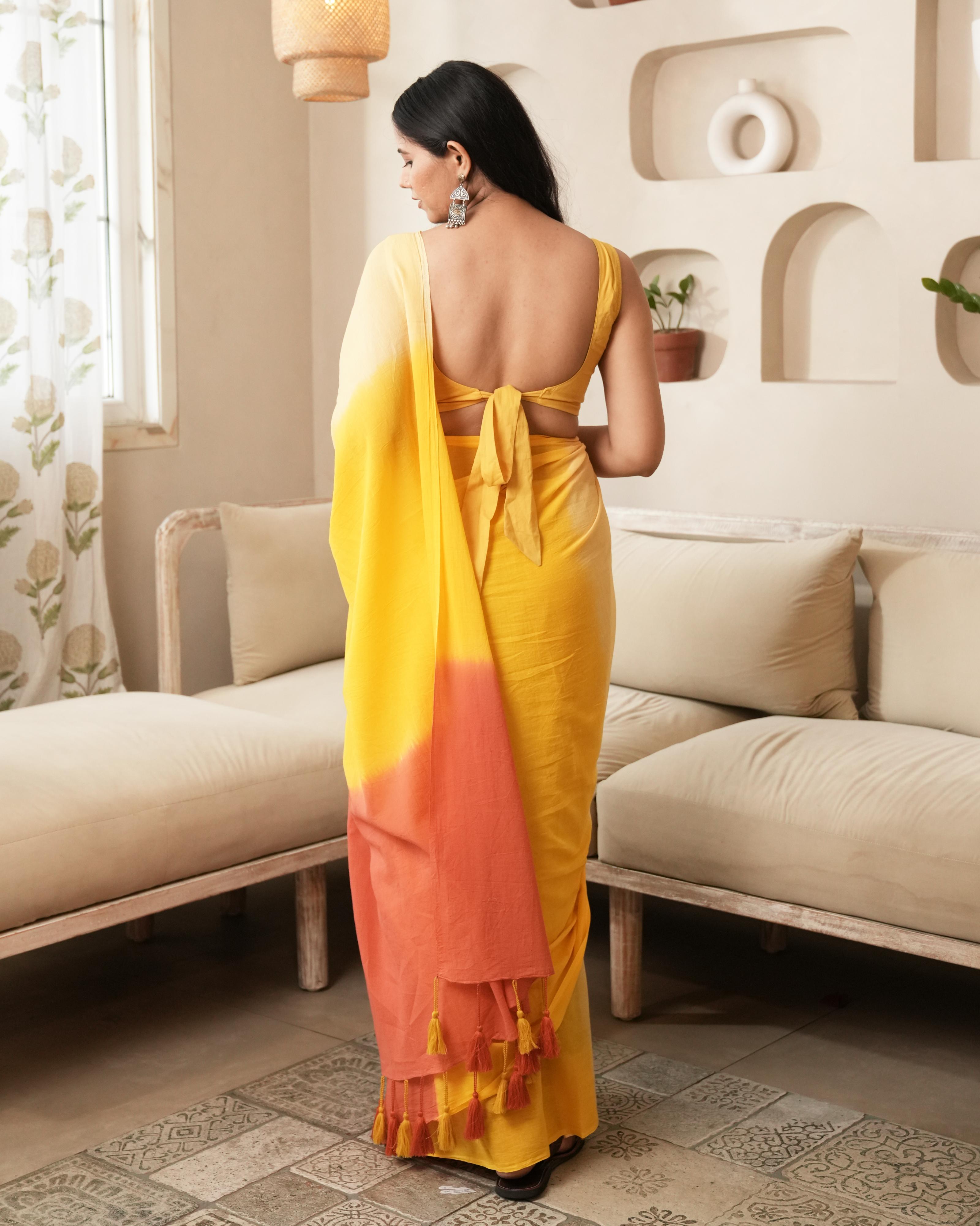 Yellow-Orange Shaded Tie-Dye Mul Saree with Tassels