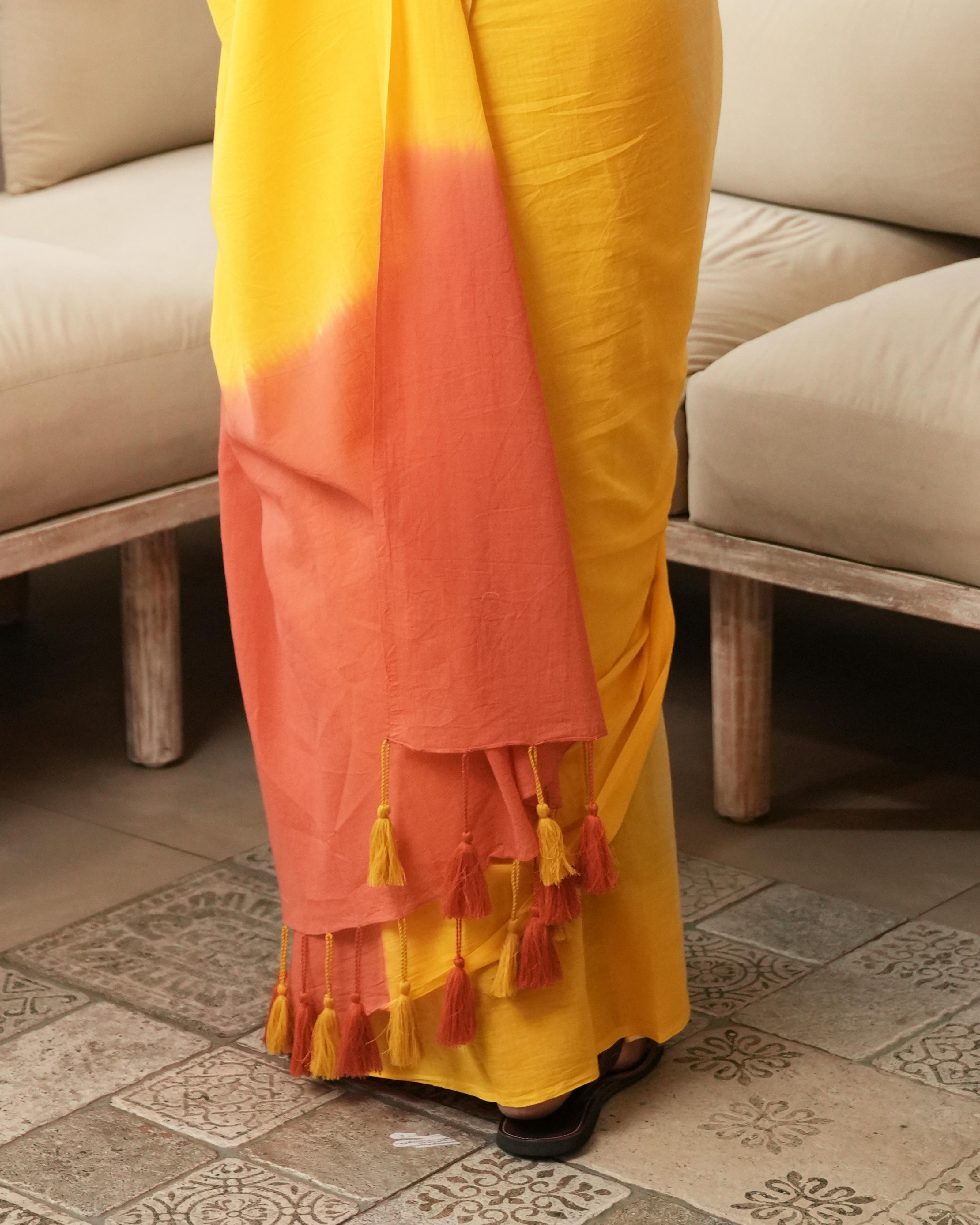 Yellow-Orange Shaded Tie-Dye Mul Saree with Tassels