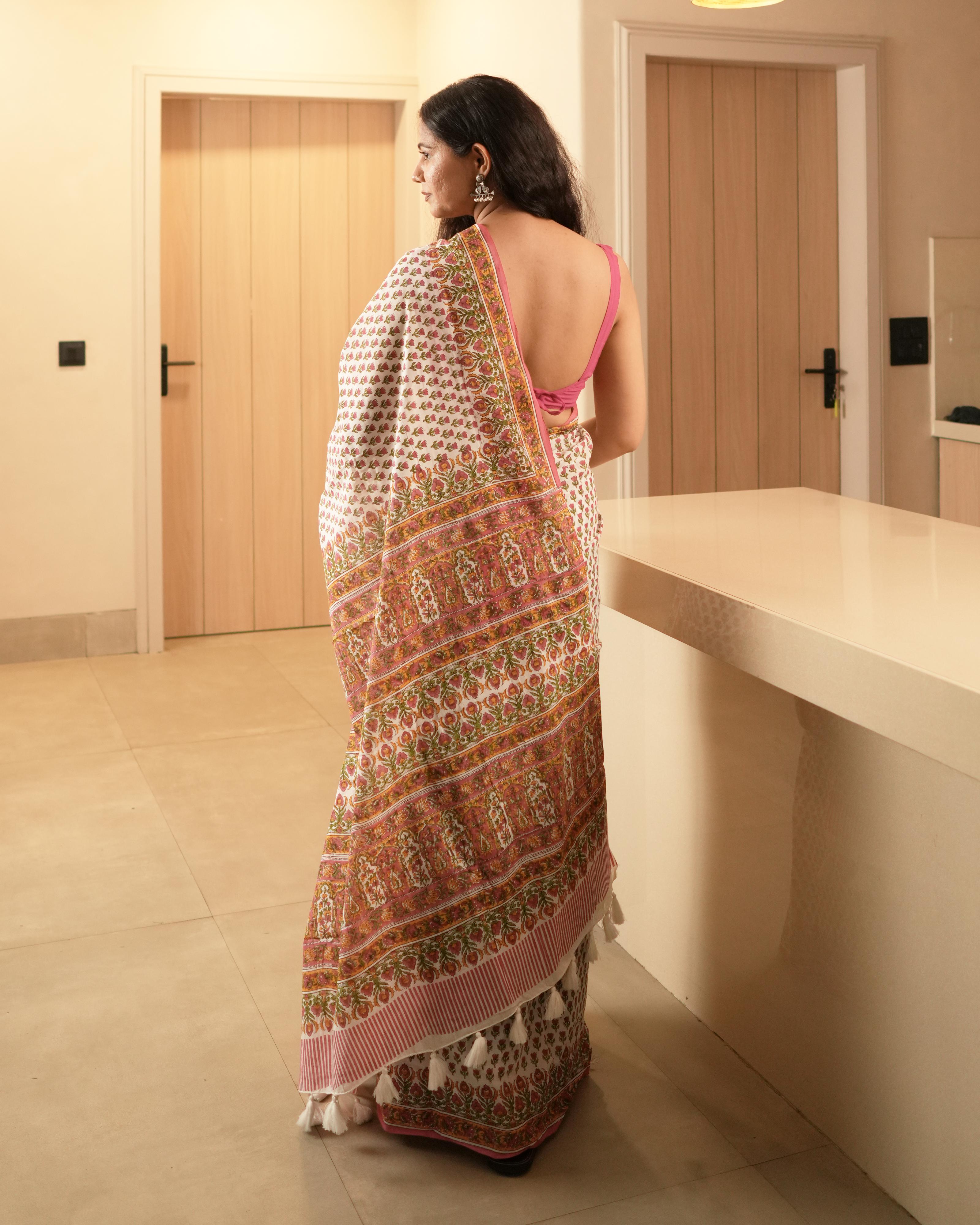 White & Pink Butti Handblock Print Mul Saree with Tassels