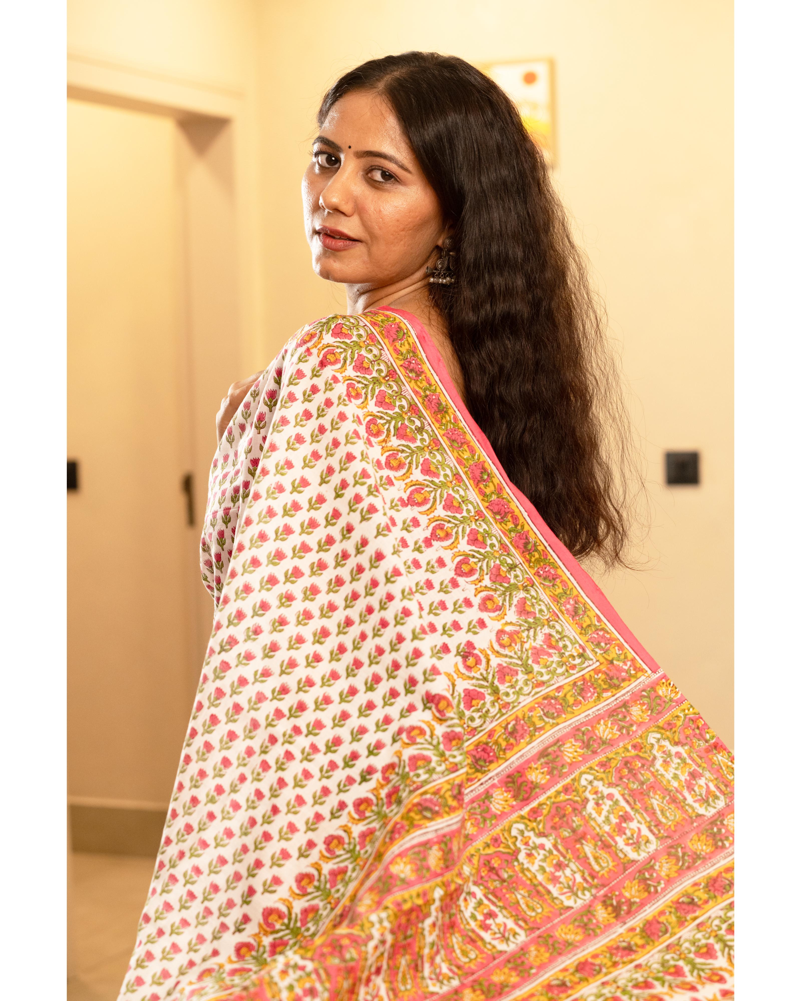 White & Pink Butti Handblock Print Mul Saree with Tassels