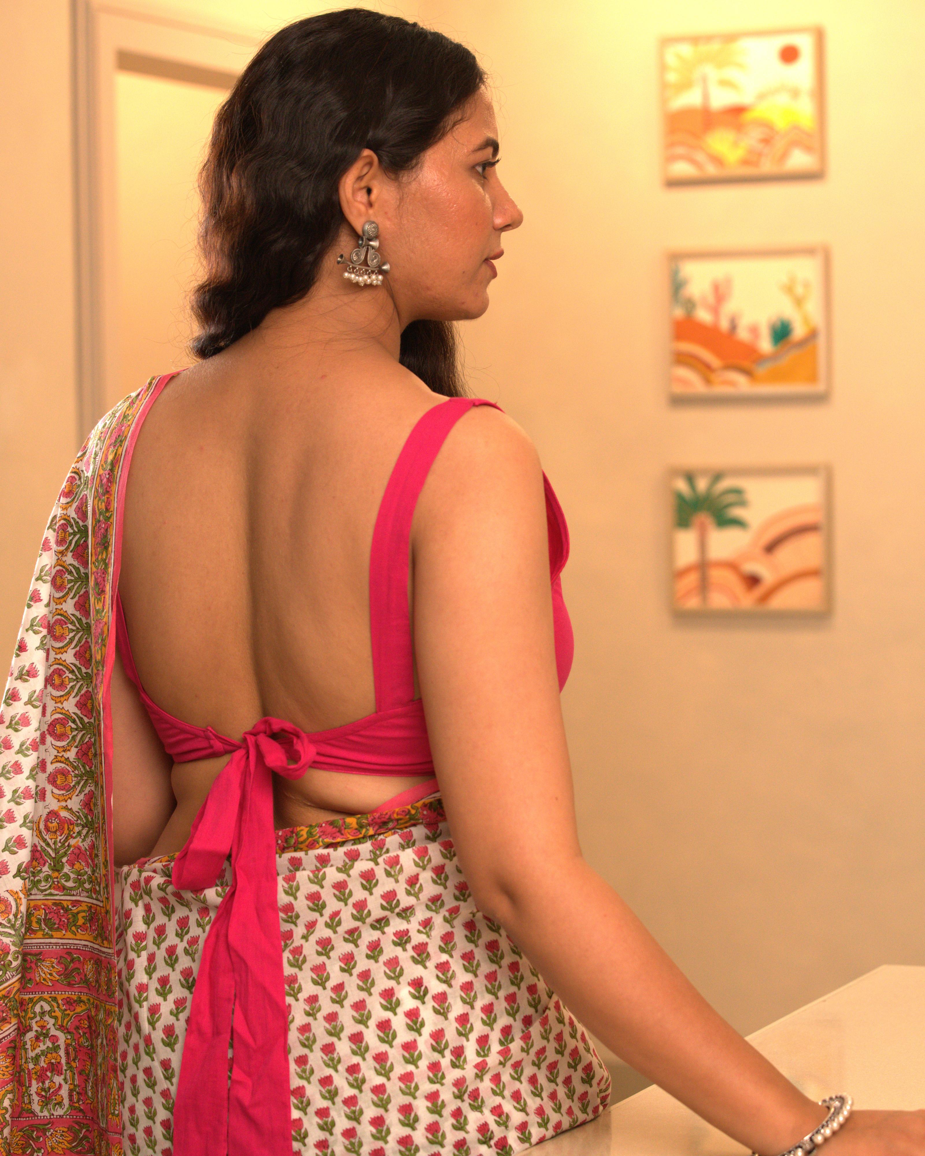 White & Pink Butti Handblock Print Mul Saree with Tassels