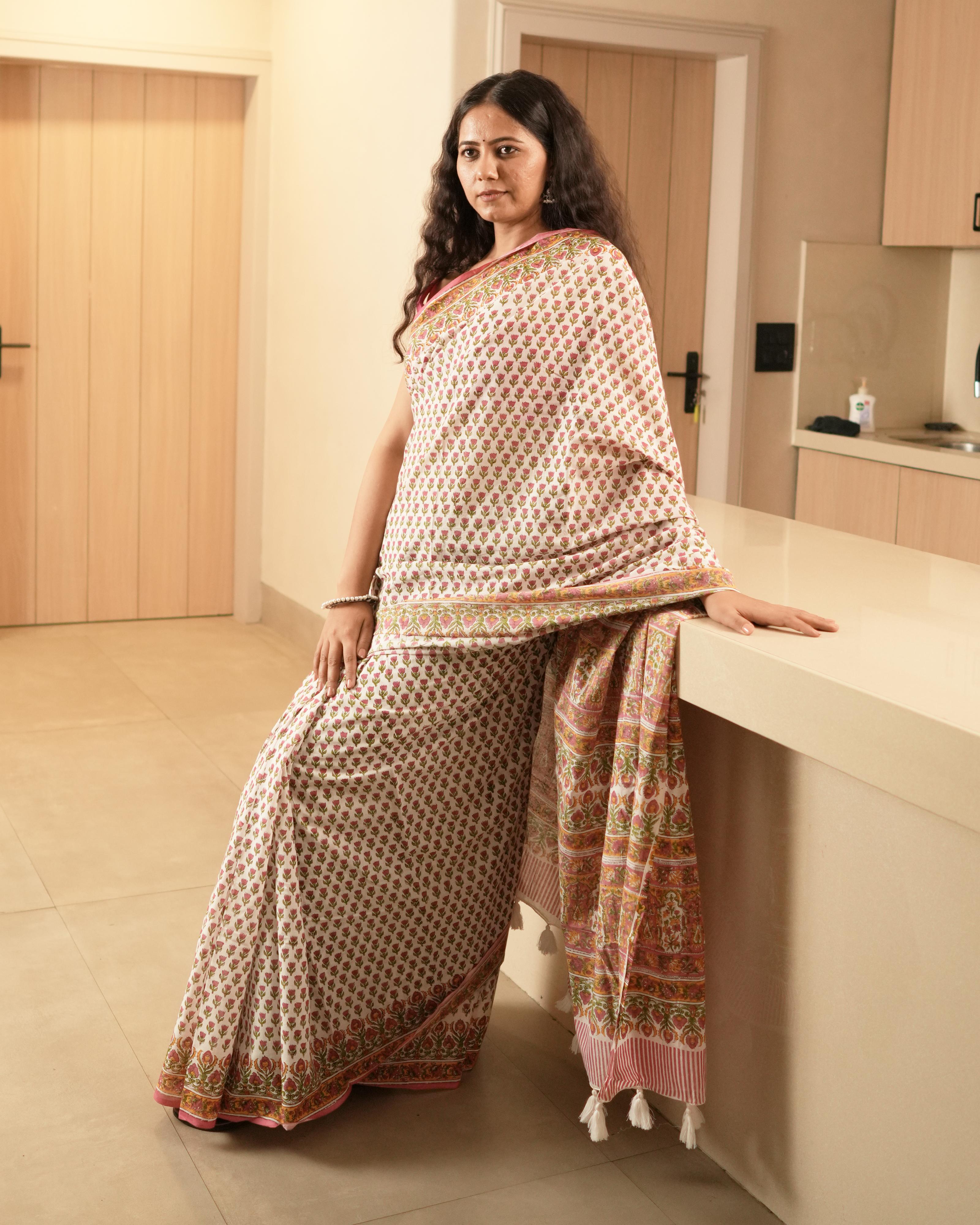 White & Pink Butti Handblock Print Mul Saree with Tassels