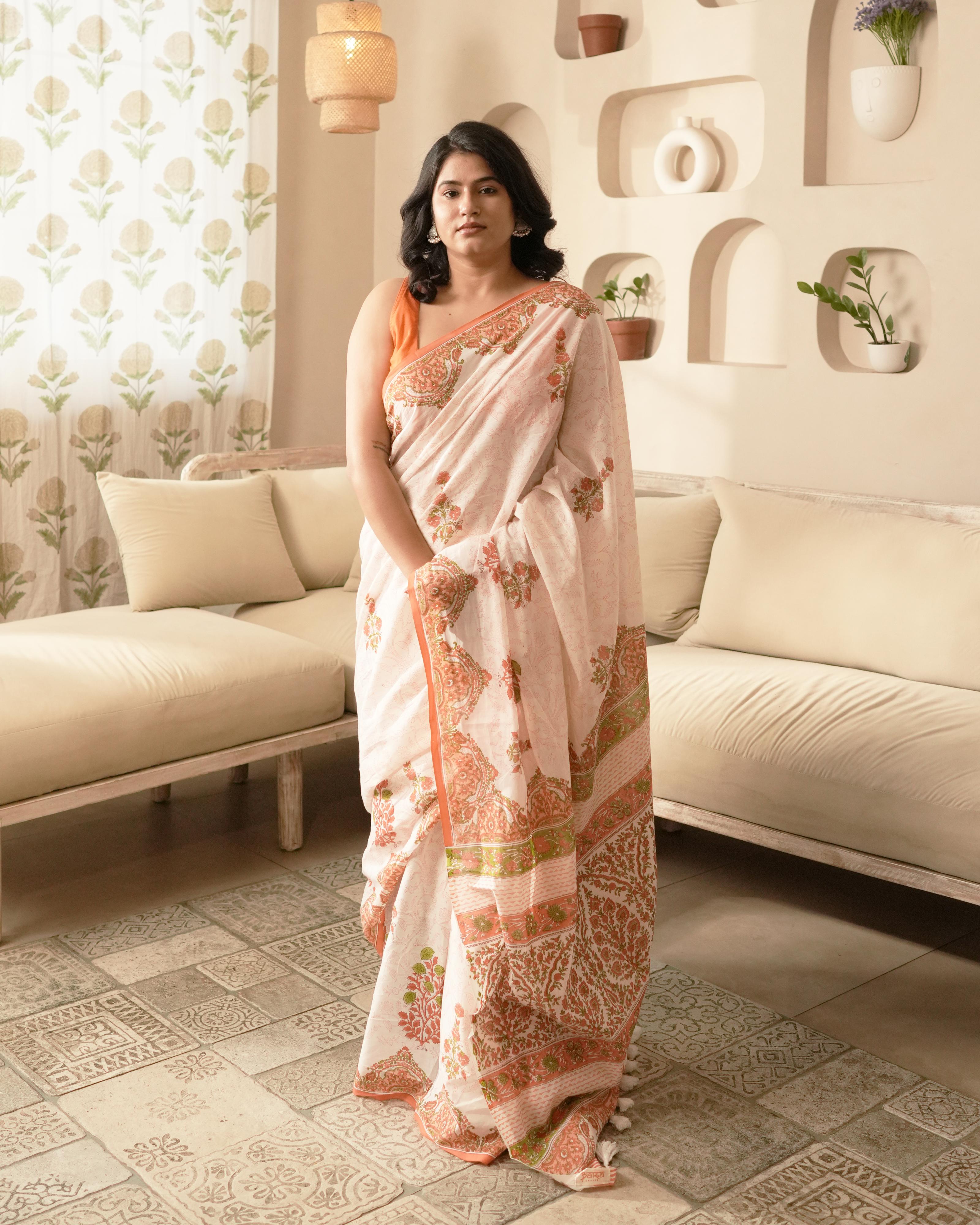 White & Peach Handblock Print Mul Saree with Tassels