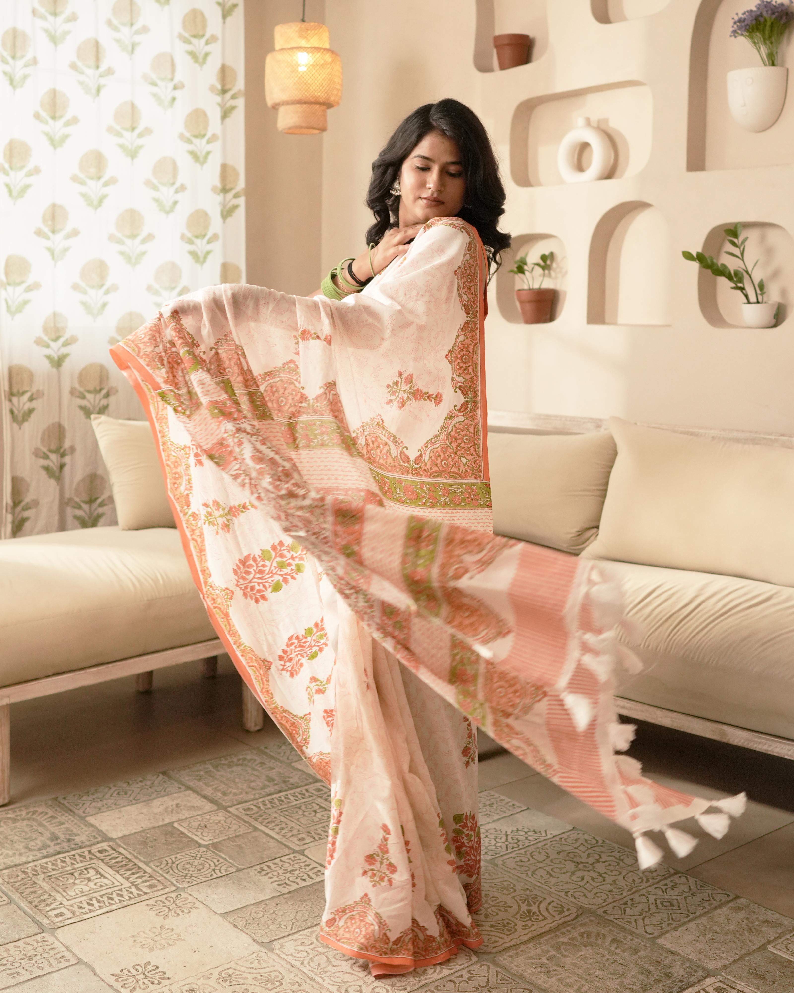 White & Peach Handblock Print Mul Saree with Tassels