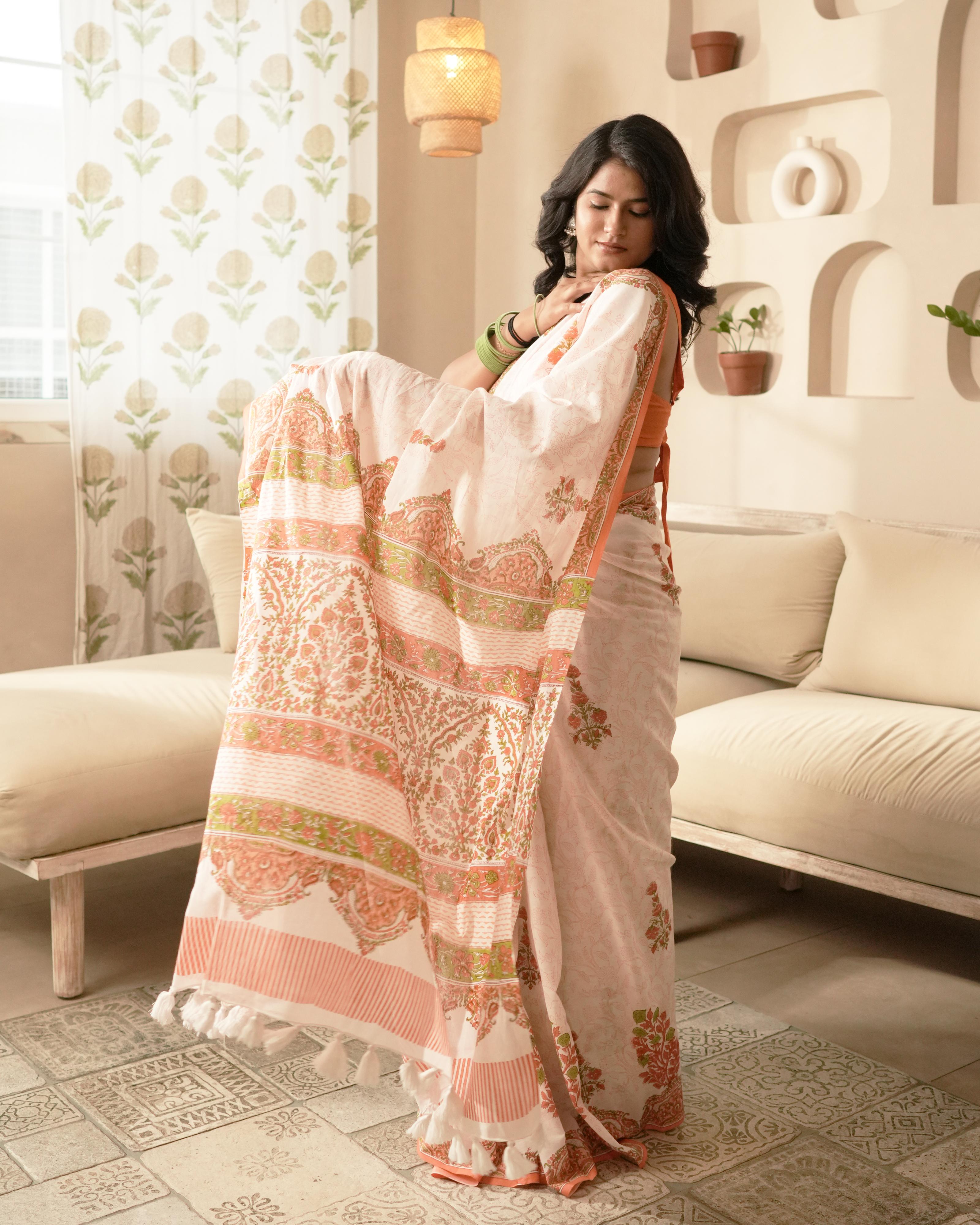 White & Peach Handblock Print Mul Saree with Tassels