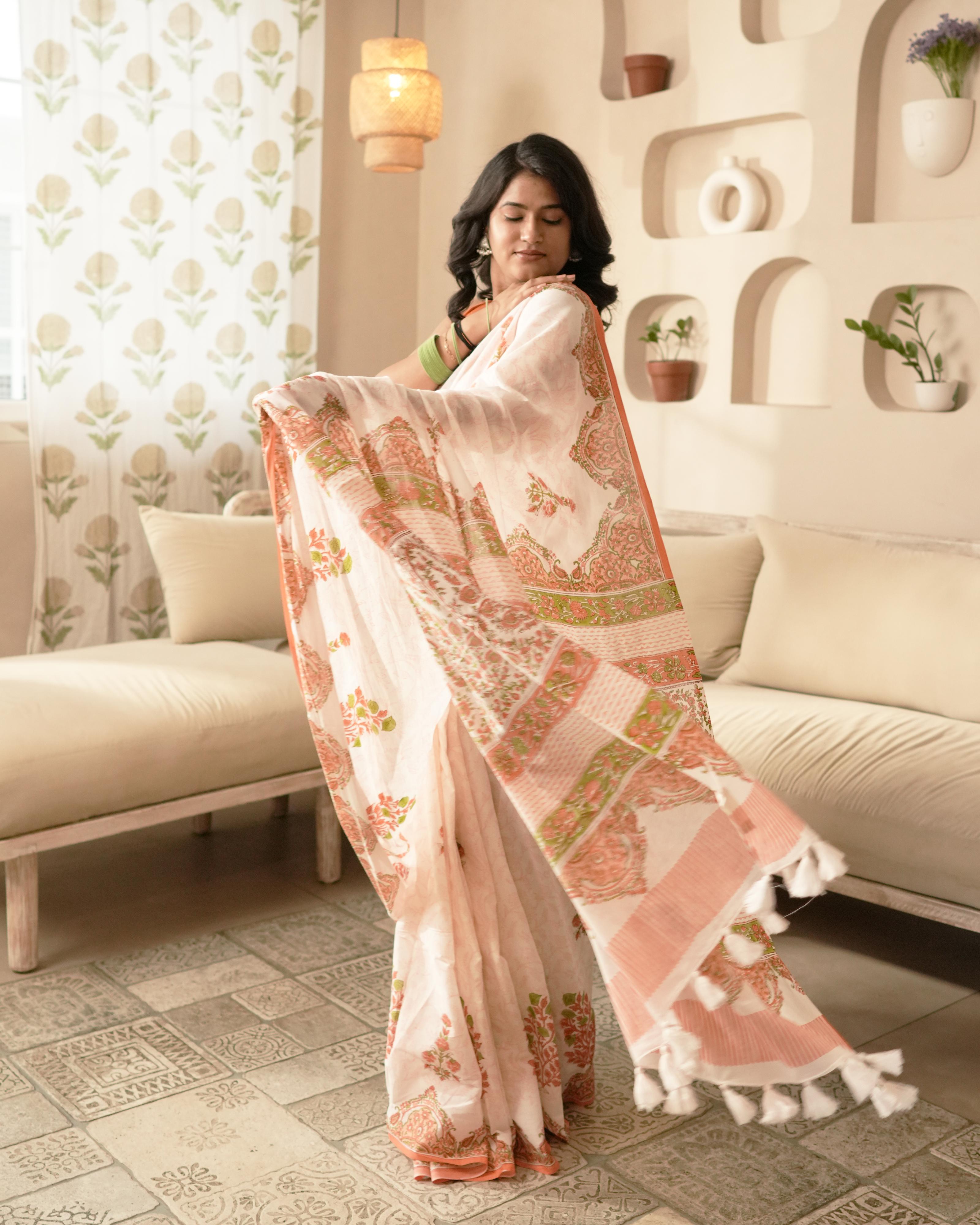 White & Peach Handblock Print Mul Saree with Tassels