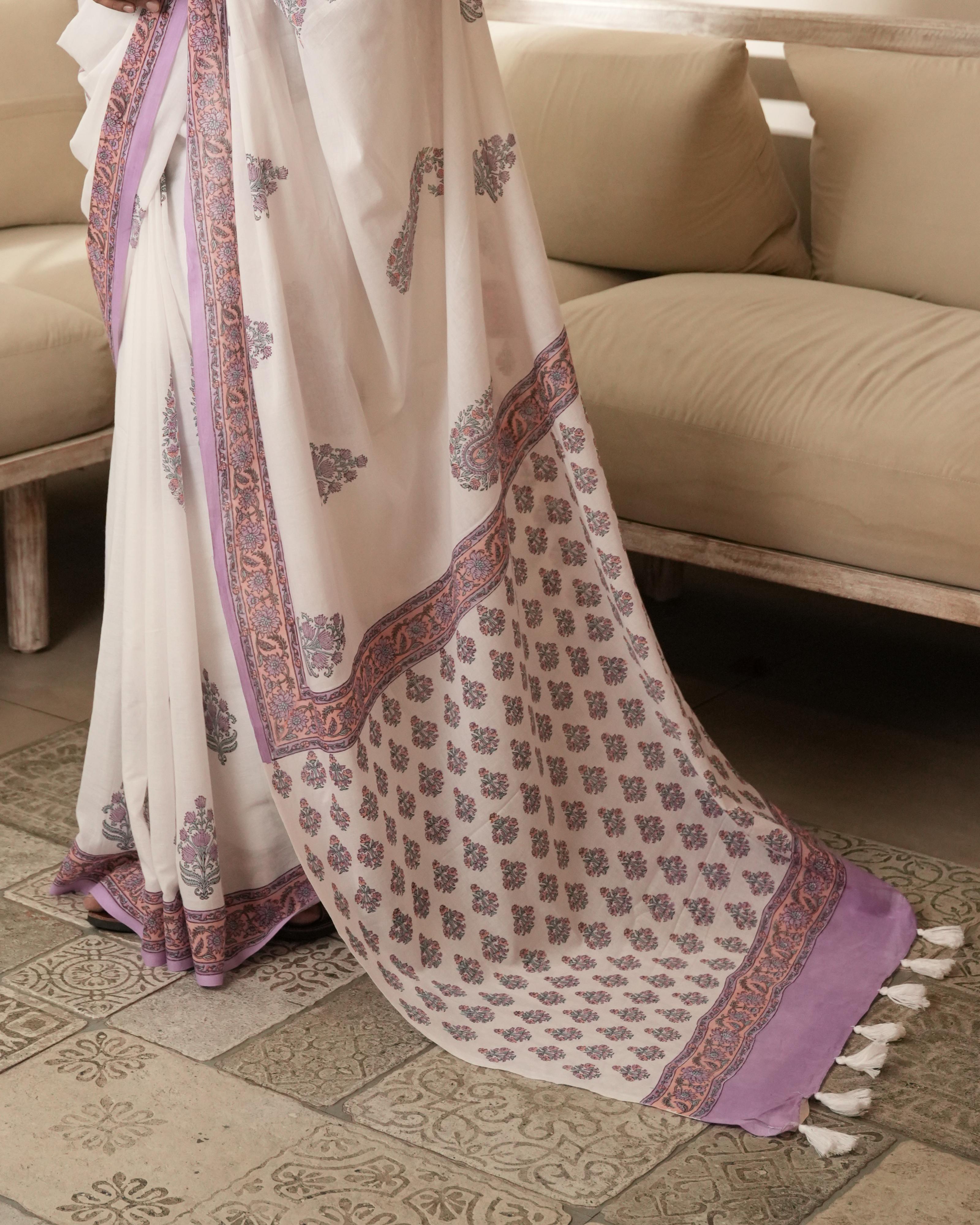 White & Purple Paisley Butta Handblock Print Mul Saree with Tassels