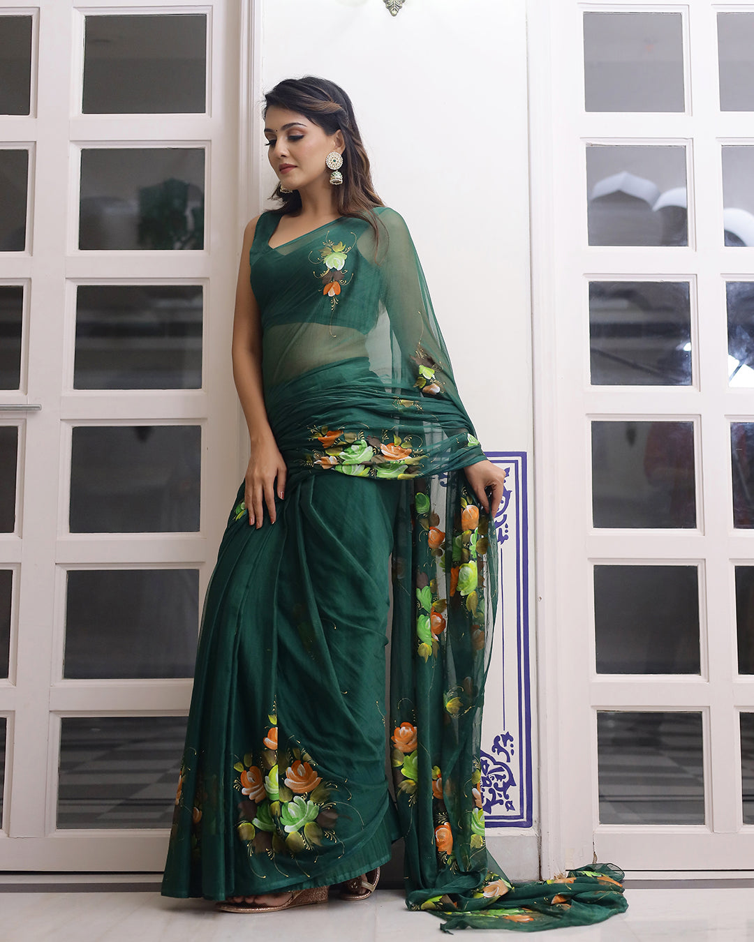 Floral Hand Painted Bottle Green Chiffon Saree