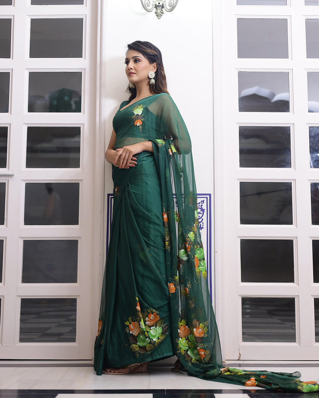 Floral Hand Painted Bottle Green Chiffon Saree
