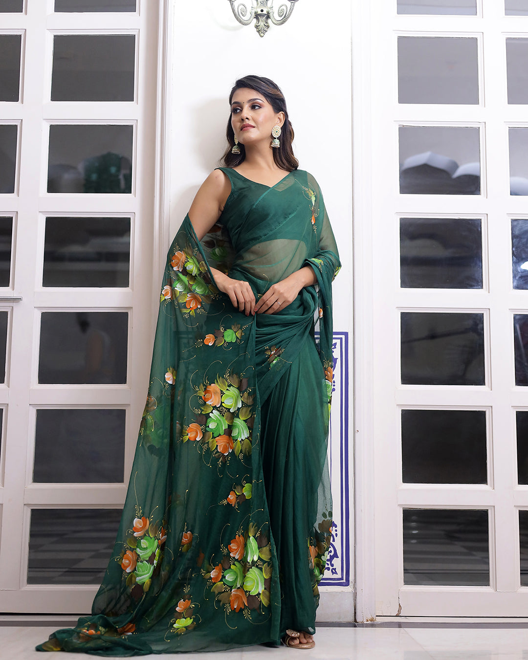 Floral Hand Painted Bottle Green Chiffon Saree