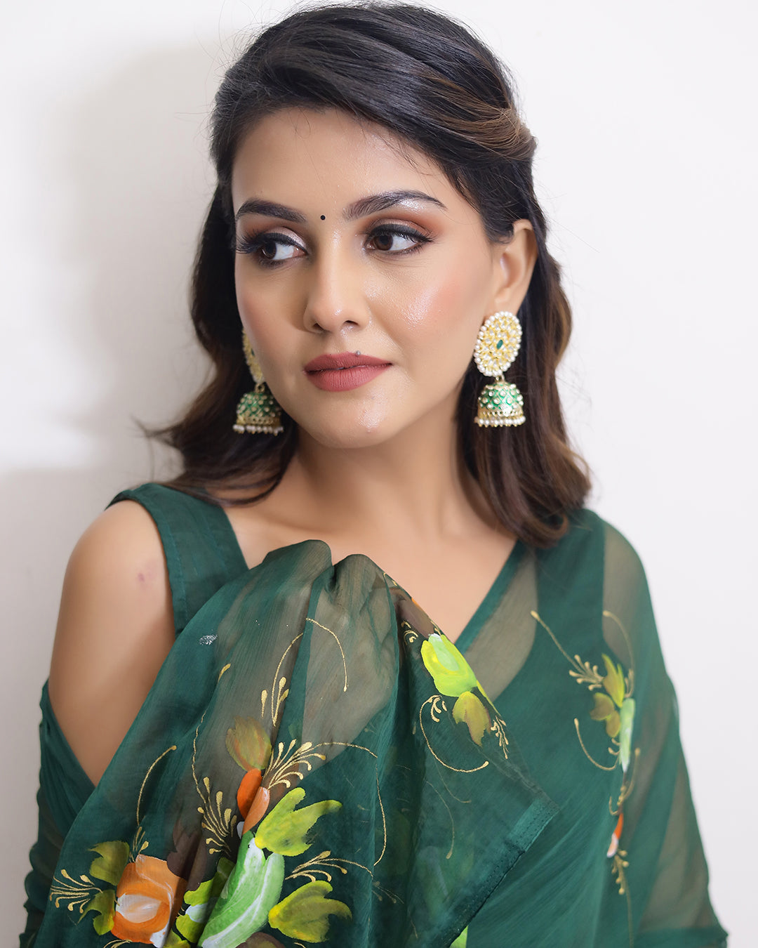 Floral Hand Painted Bottle Green Chiffon Saree