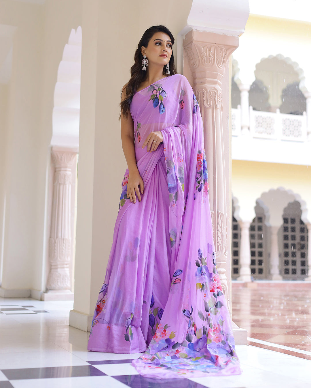 Floral Hand-Painted Lilac Chiffon Saree