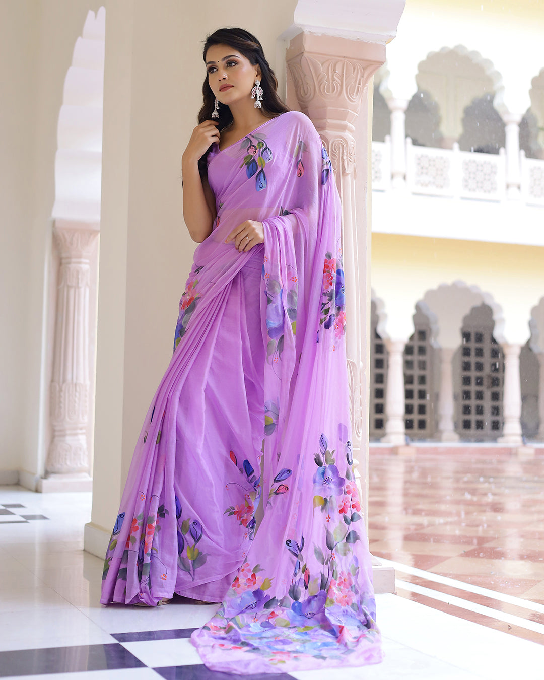 Floral Hand-Painted Lilac Chiffon Saree