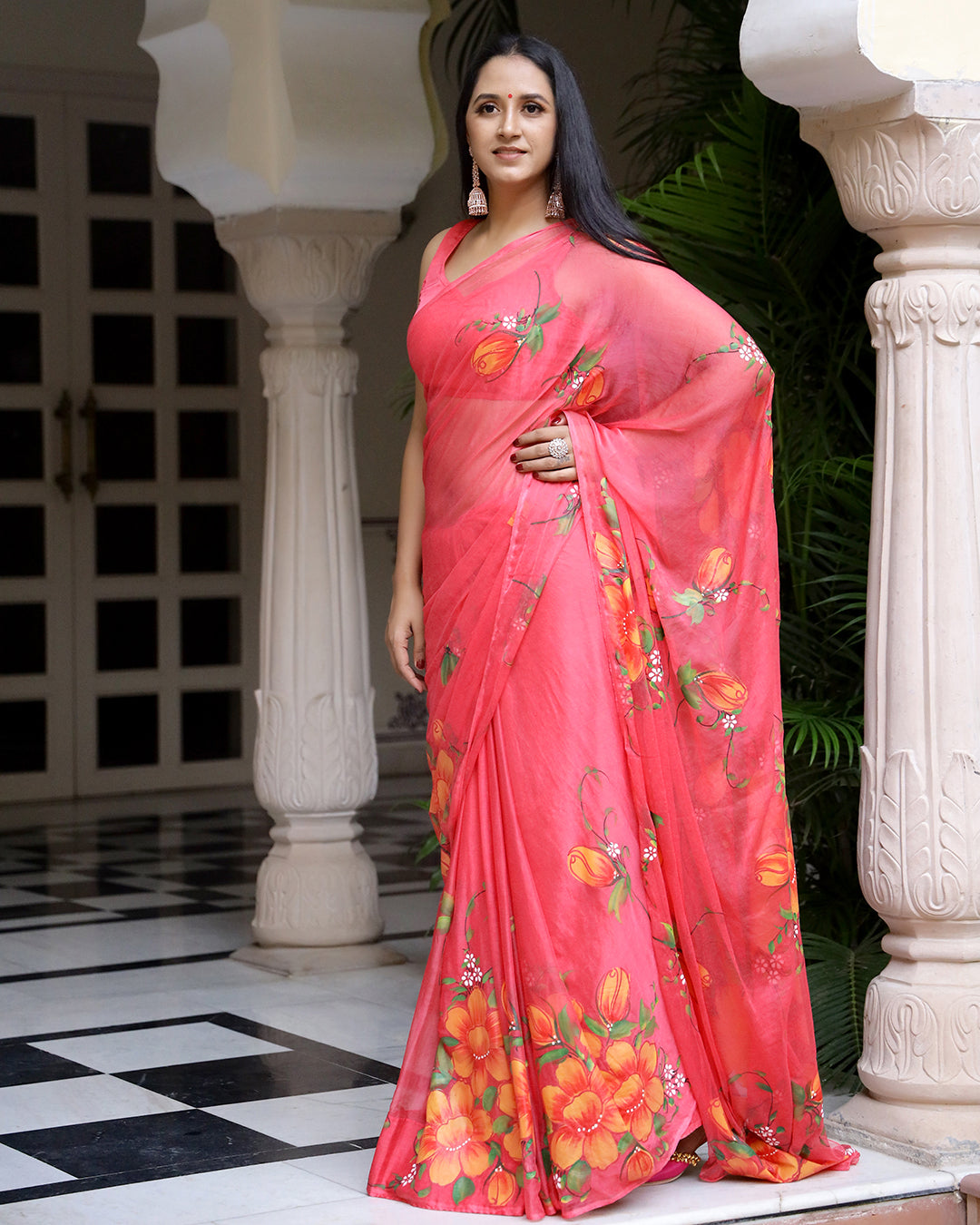 Floral Hand Painted Crimson Chiffon Saree