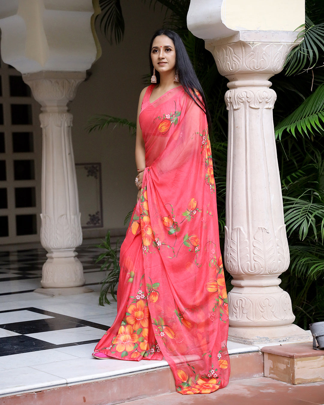 Floral Hand Painted Crimson Chiffon Saree