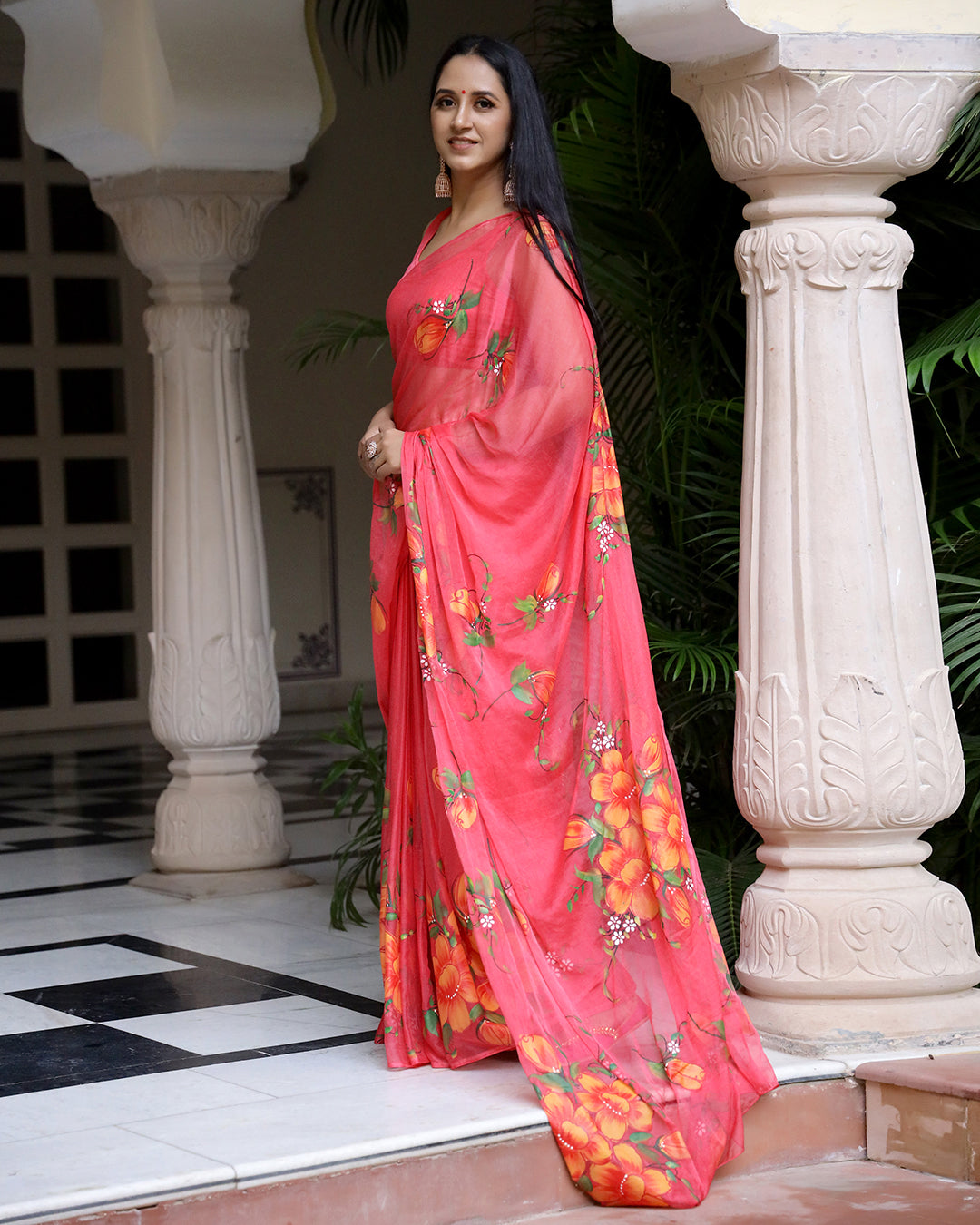 Floral Hand Painted Crimson Chiffon Saree