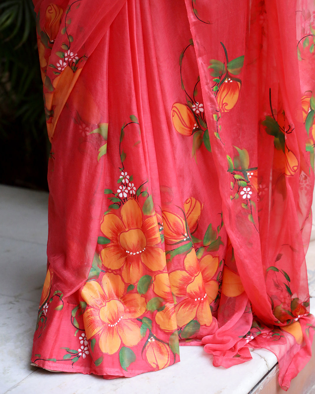 Floral Hand Painted Crimson Chiffon Saree