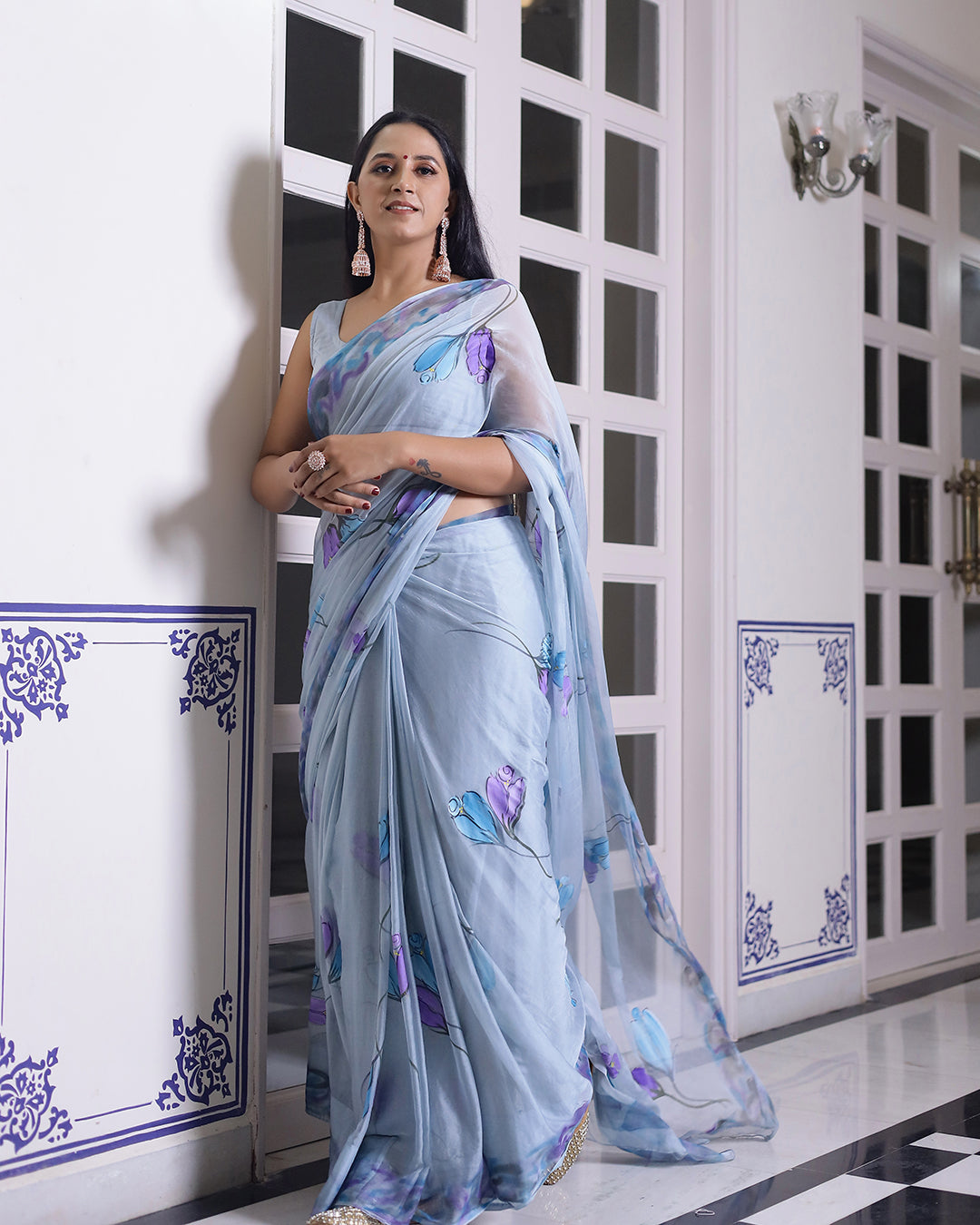 Floral Hand Painted Powder Blue Chiffon Saree