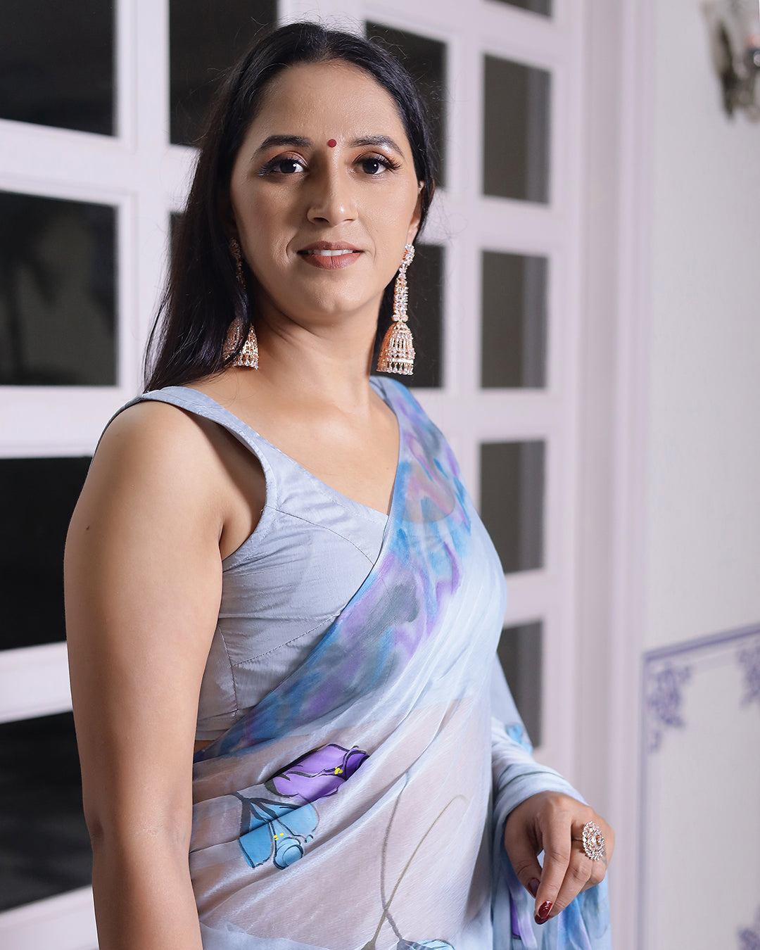 Floral Hand Painted Powder Blue Chiffon Saree