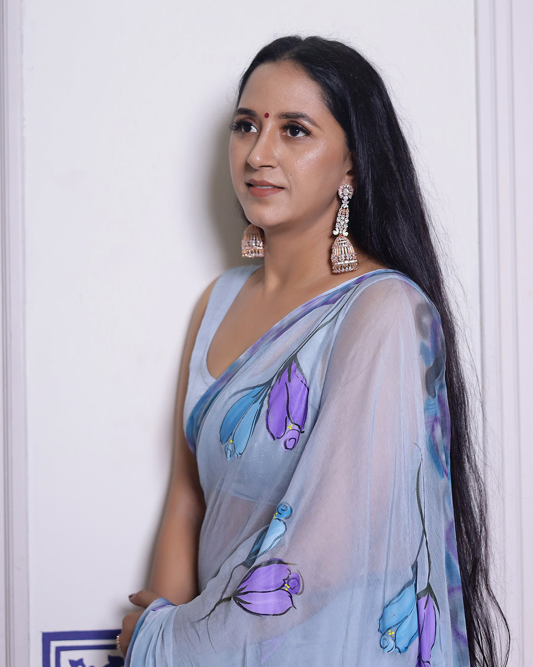 Floral Hand Painted Powder Blue Chiffon Saree
