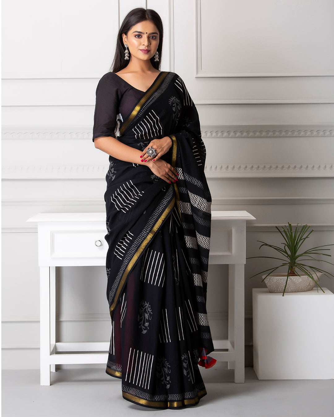 Zigzag Handblock Print Black Mulmul Saree