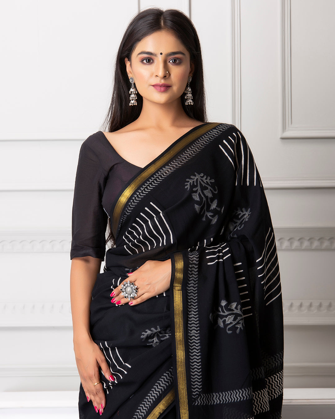 Zigzag Handblock Print Black Mulmul Saree