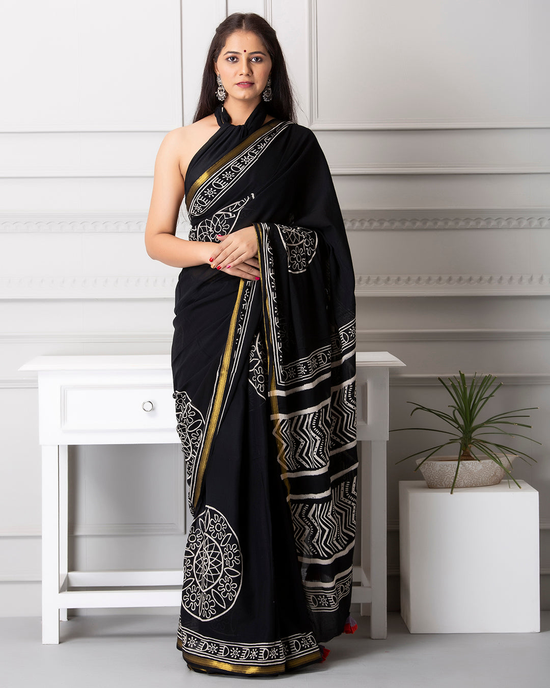 Stripes Handblock Printed Indigo Mulmul Saree
