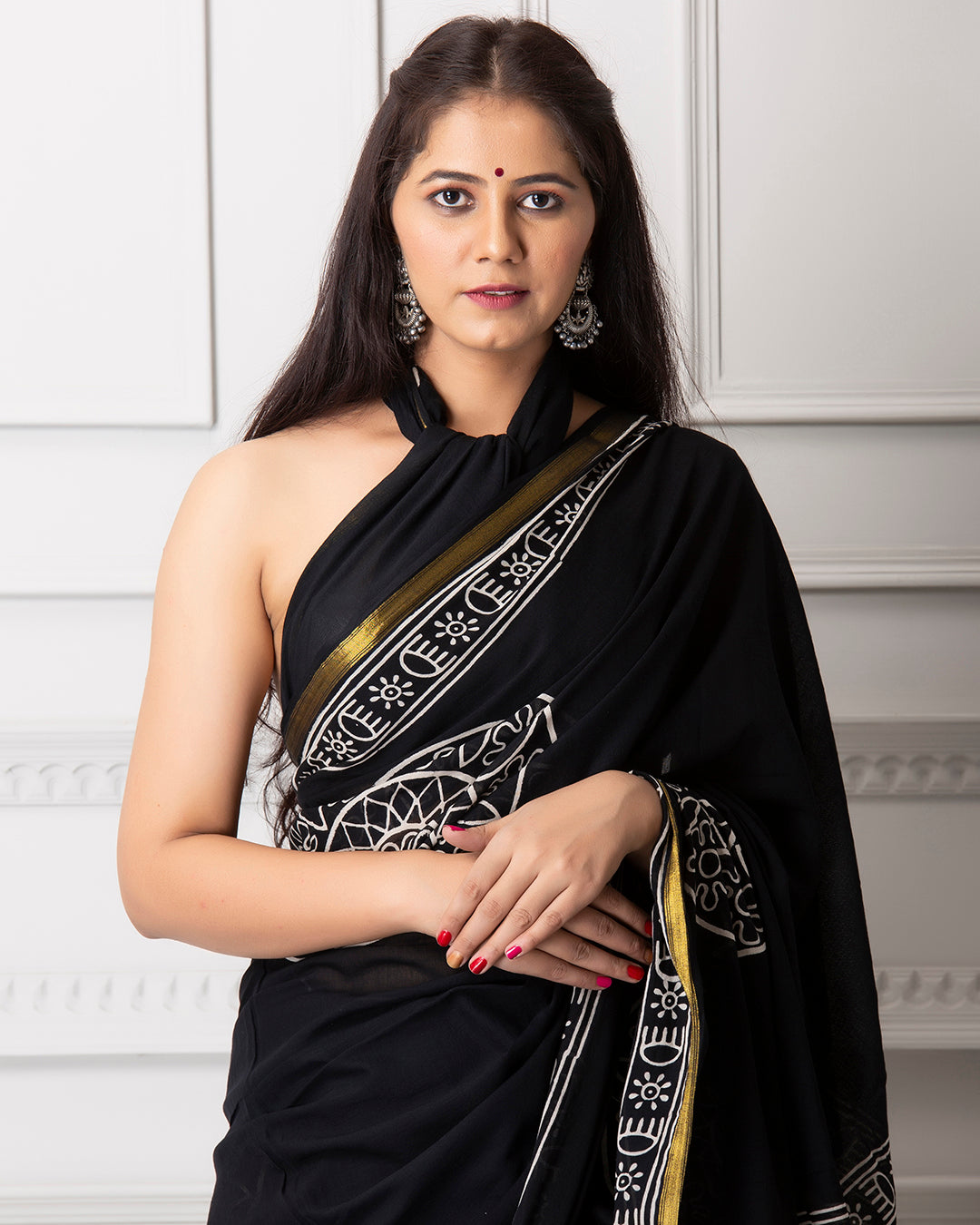 Stripes Handblock Printed Indigo Mulmul Saree