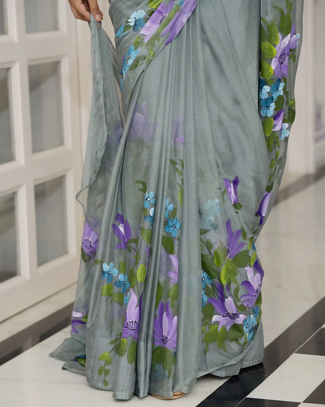 Grey Floral Hand Painted Chiffon Saree