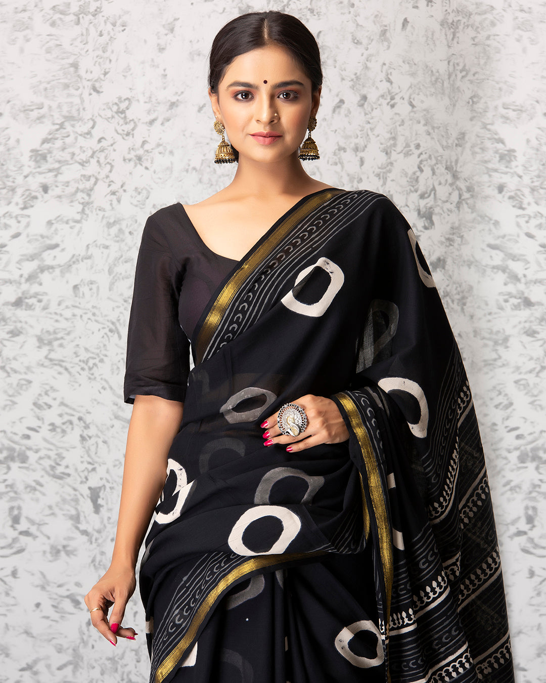 Circular Grey Handblock Black Mulmul Saree