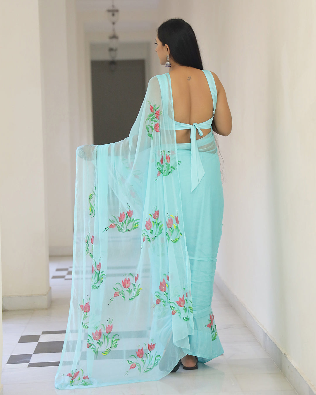 Aqua Floral Hand Painted Chiffon Saree