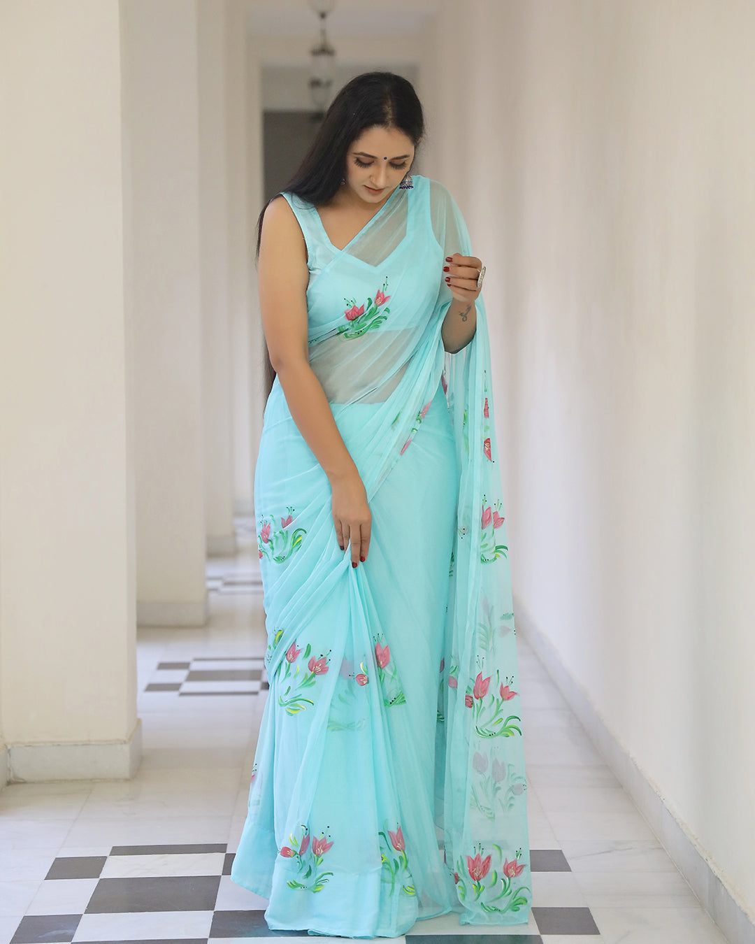 Aqua Floral Hand Painted Chiffon Saree