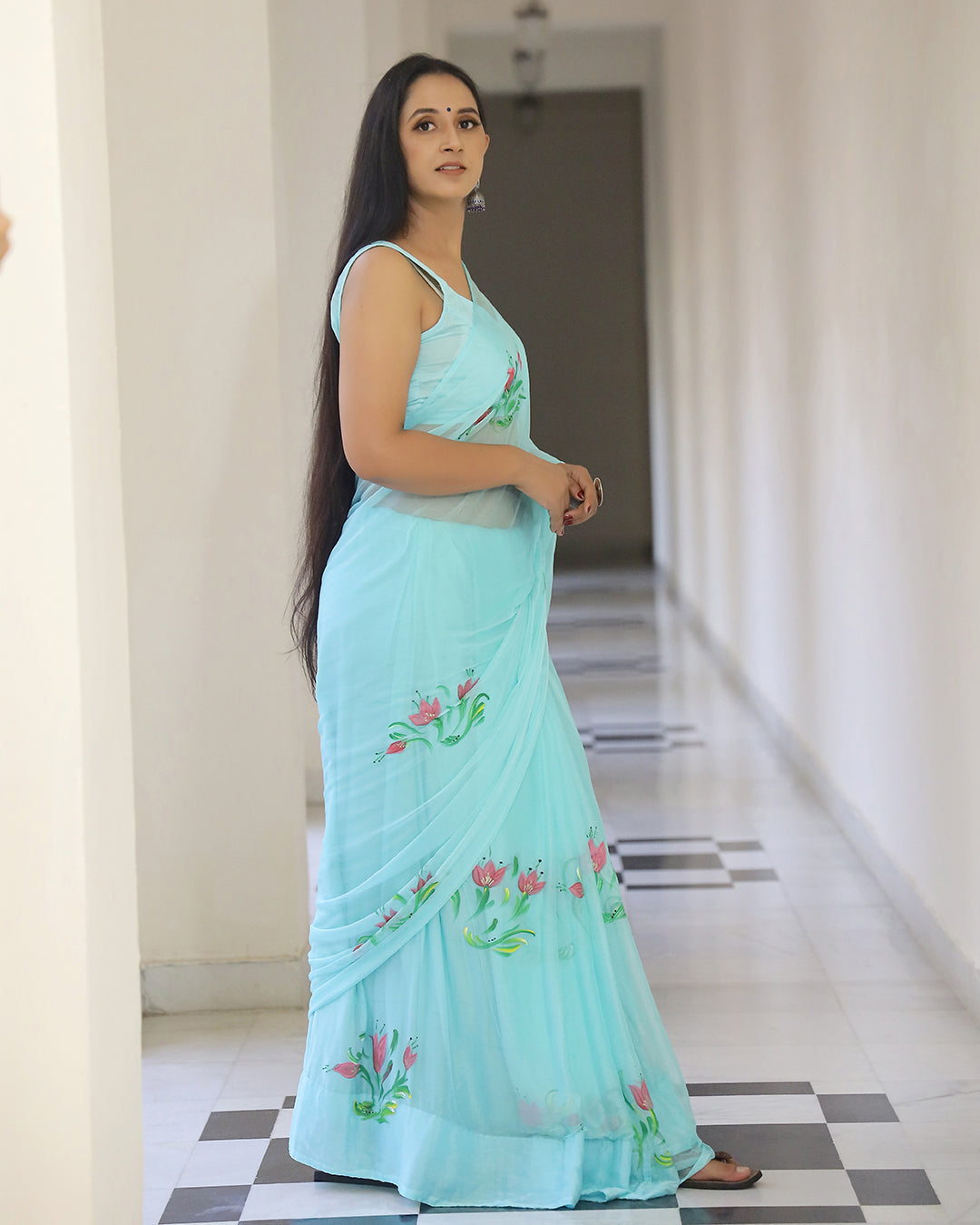 Aqua Floral Hand Painted Chiffon Saree