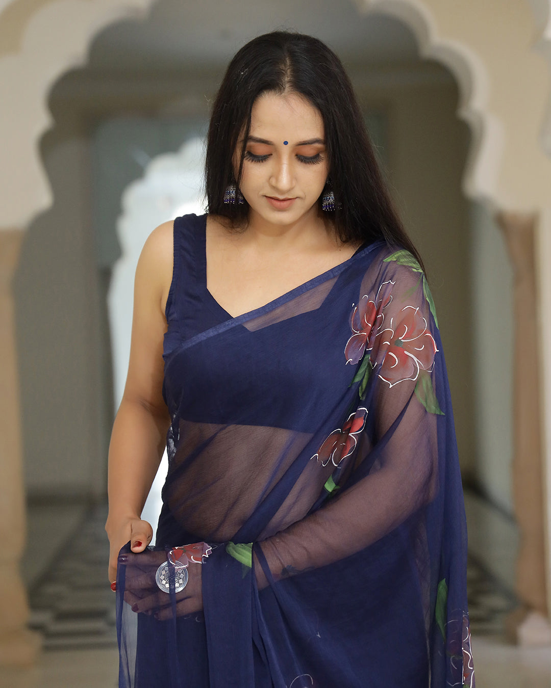 Navy Blue Floral Hand Painted Chiffon Saree